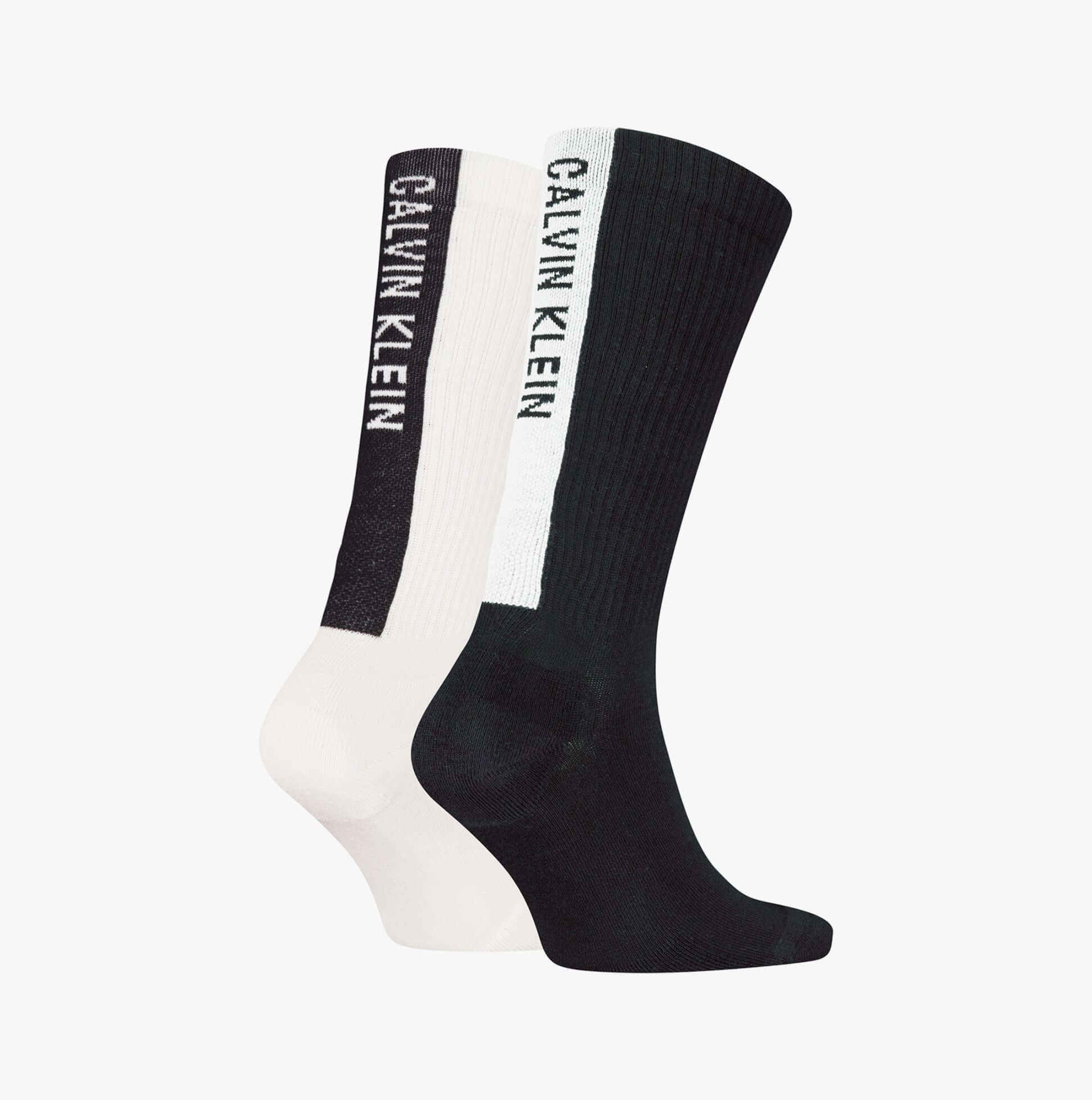 Calvin Klein 2 Pack Back Logo Mens Socks Black & White side view showcasing two pairs with logo details.