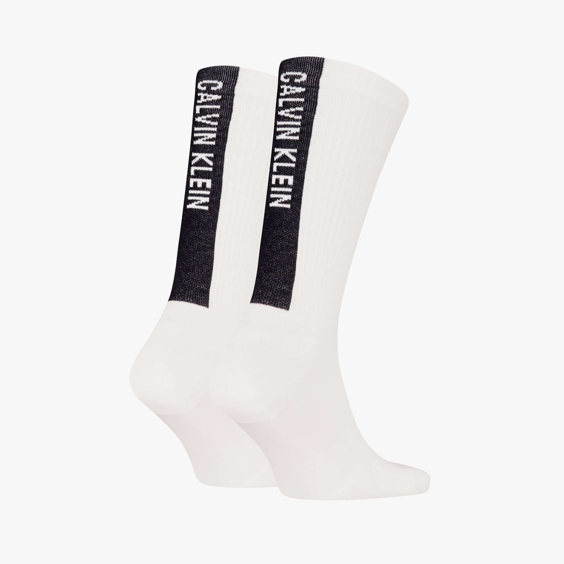 Calvin Klein 2 Pack Back Logo Mens Socks White side view featuring logo detail in black on white cotton.