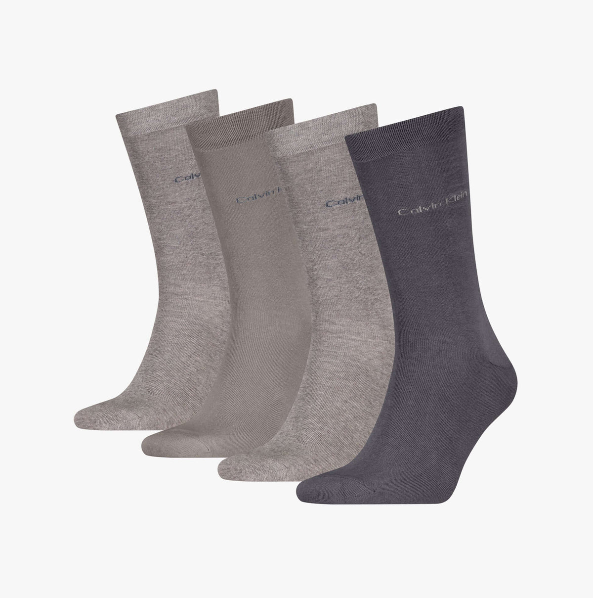 Calvin Klein 4 Pack Giftbox Classic Mens Socks Grey Combo front view showcasing four grey crew socks.