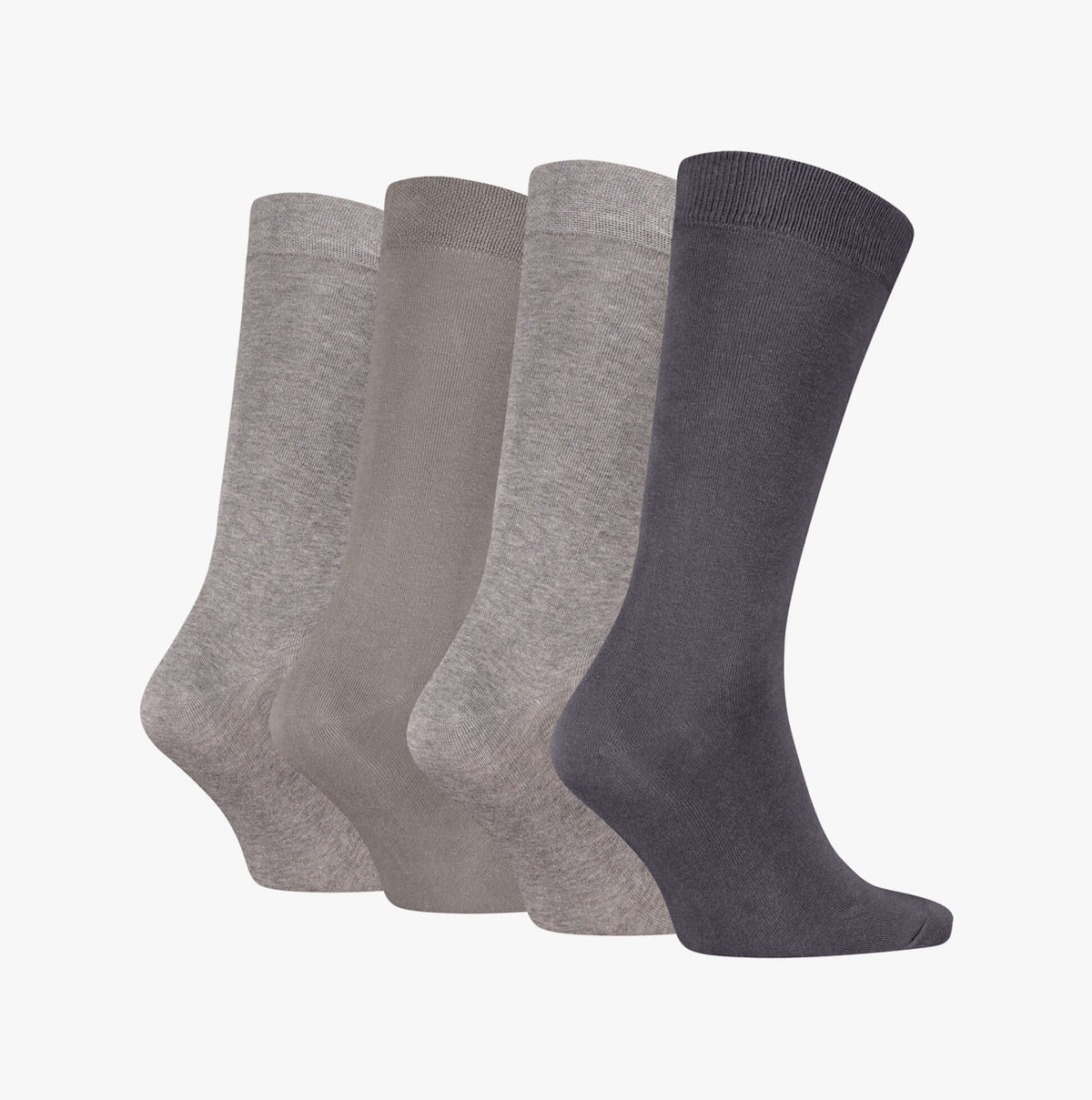 Calvin Klein 4 Pack Giftbox Classic Mens Socks Grey Combo side view of assorted grey crew socks in gift box.