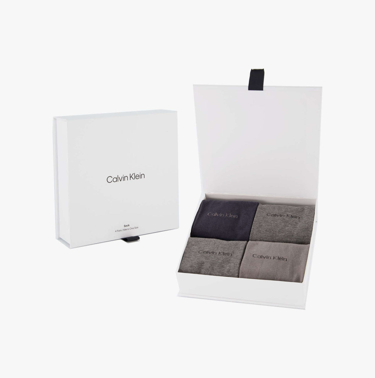 Calvin Klein 4 Pack Giftbox Classic Mens Socks Grey Combo in open gift box showcasing four pairs of grey socks.