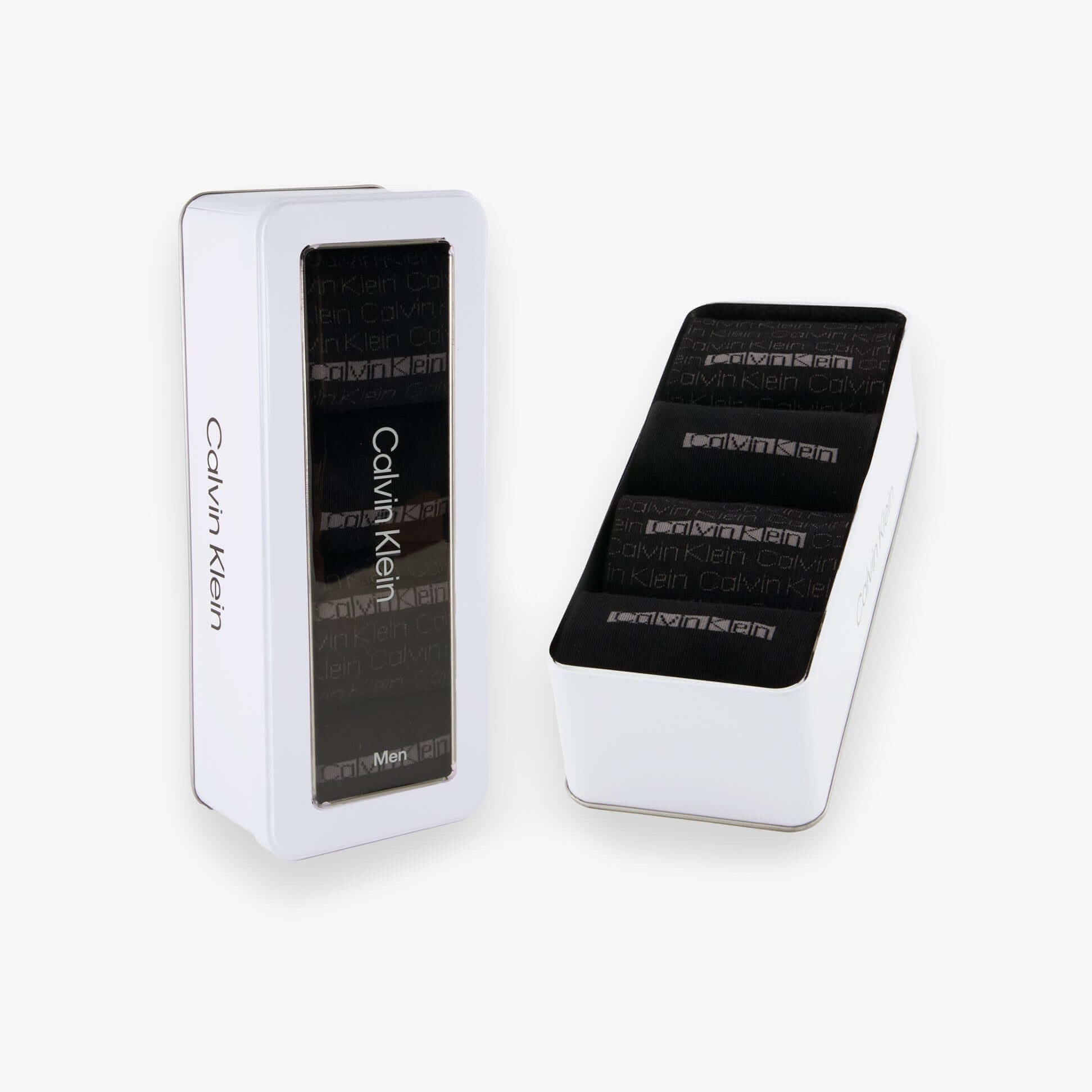 Calvin Klein 4 Pack Giftbox AOP Mens Socks Black in gift box, side view and front view, showcasing stylish packaging.