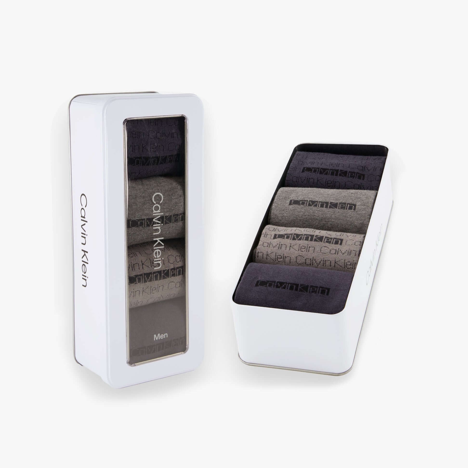 Calvin Klein 4 Pack Giftbox AOP Mens Socks Grey Combo in gift box, featuring various grey socks, front view.