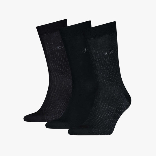 Calvin Klein 3 Pack Giftbox Dropknee Mens Socks Black front view showing three pairs of black crew socks with logo.