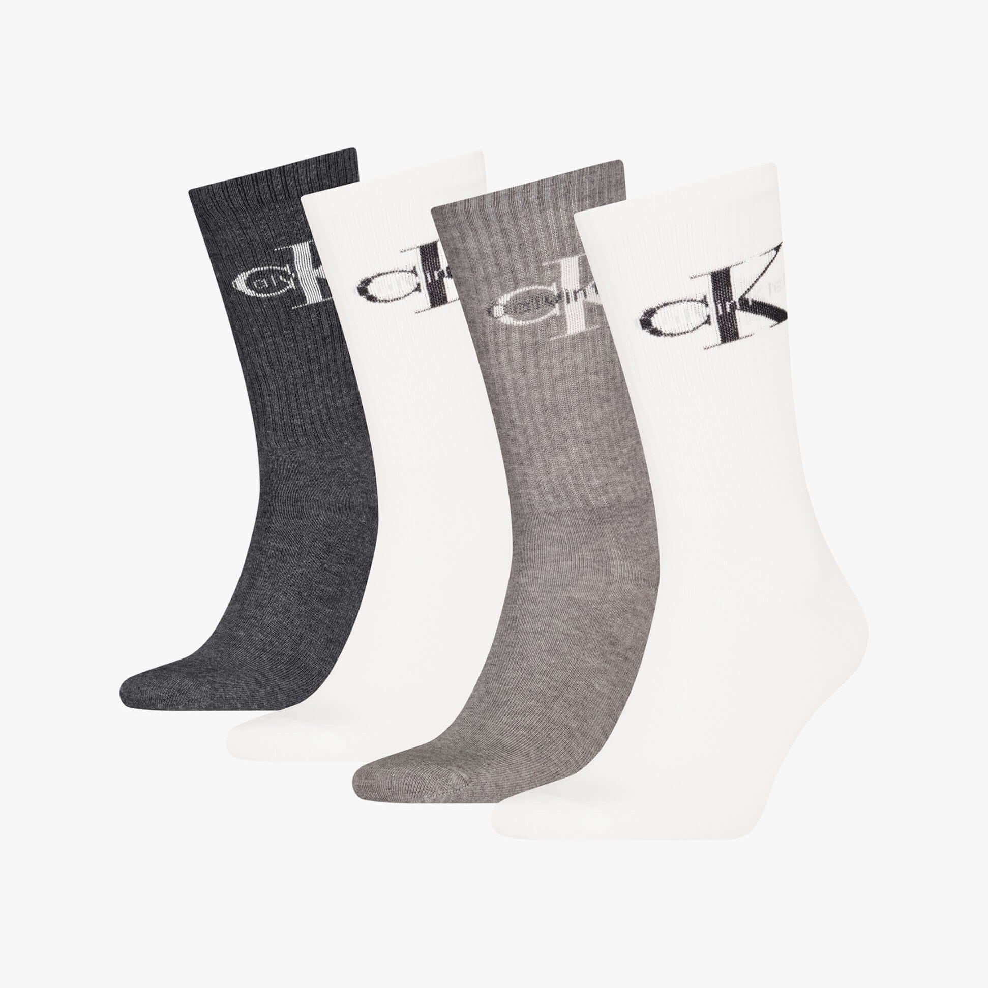 Calvin Klein 4 Pack Giftbox Monologue Mens Socks Grey Melange/White front view showcasing four pairs in grey and white.