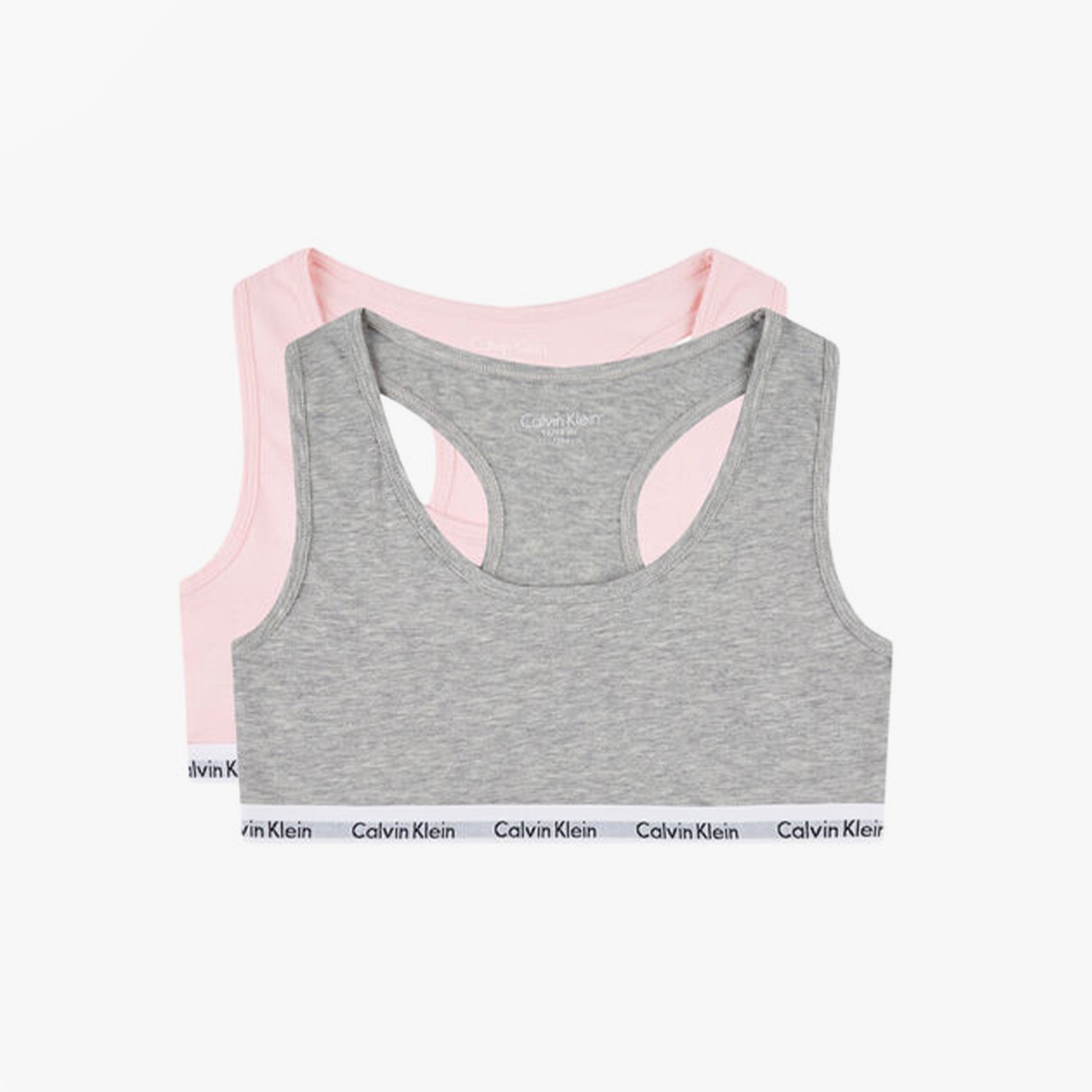 Calvin Klein BRALETTE 2 Pack Girls Bra Grey Heather/Unique front view showcasing grey and pink bralettes with Calvin Klein logo.
