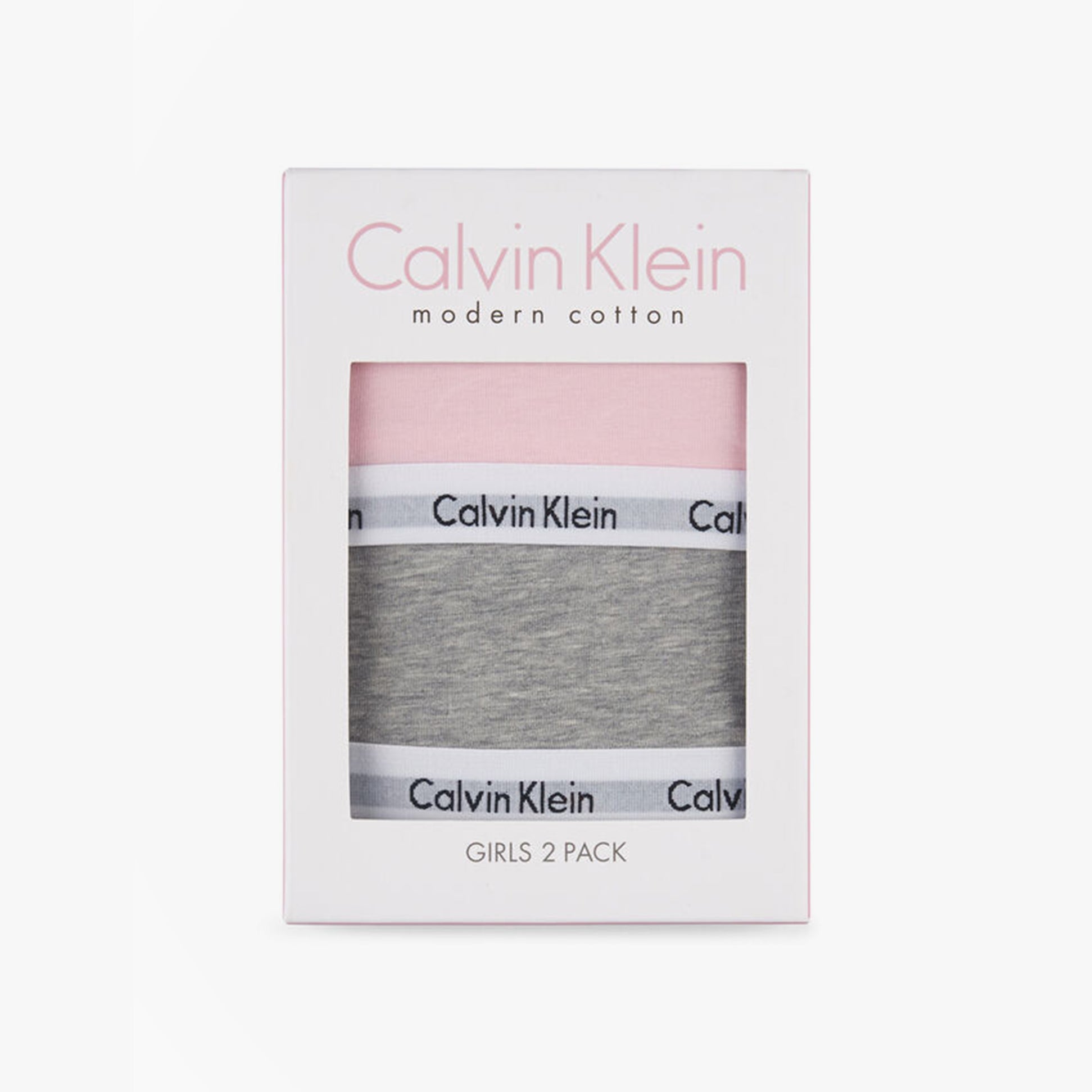 Calvin Klein BRALETTE 2 Pack Girls Bra Grey Heather/Unique packaging front view showing pink and grey bralettes.