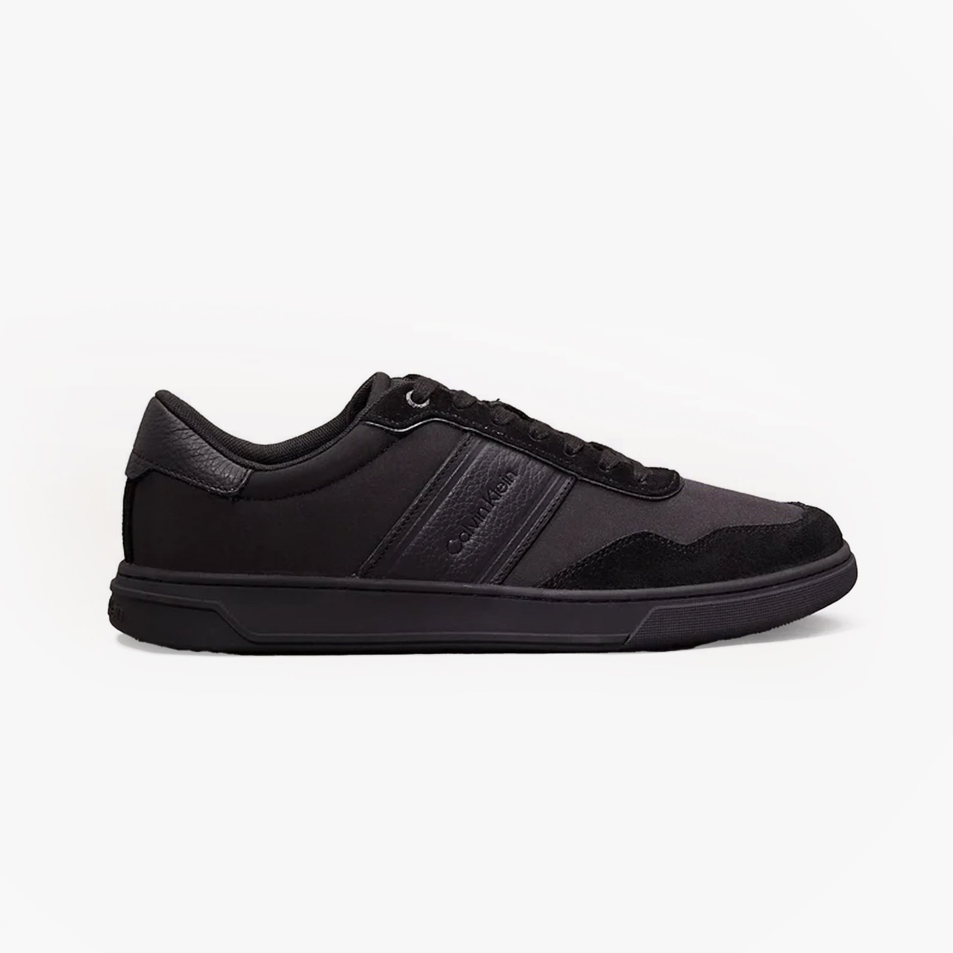 Calvin Klein LOW TOP LACE UP MIX Mens Trainers Triple Black, side view showing casual style and low top design.