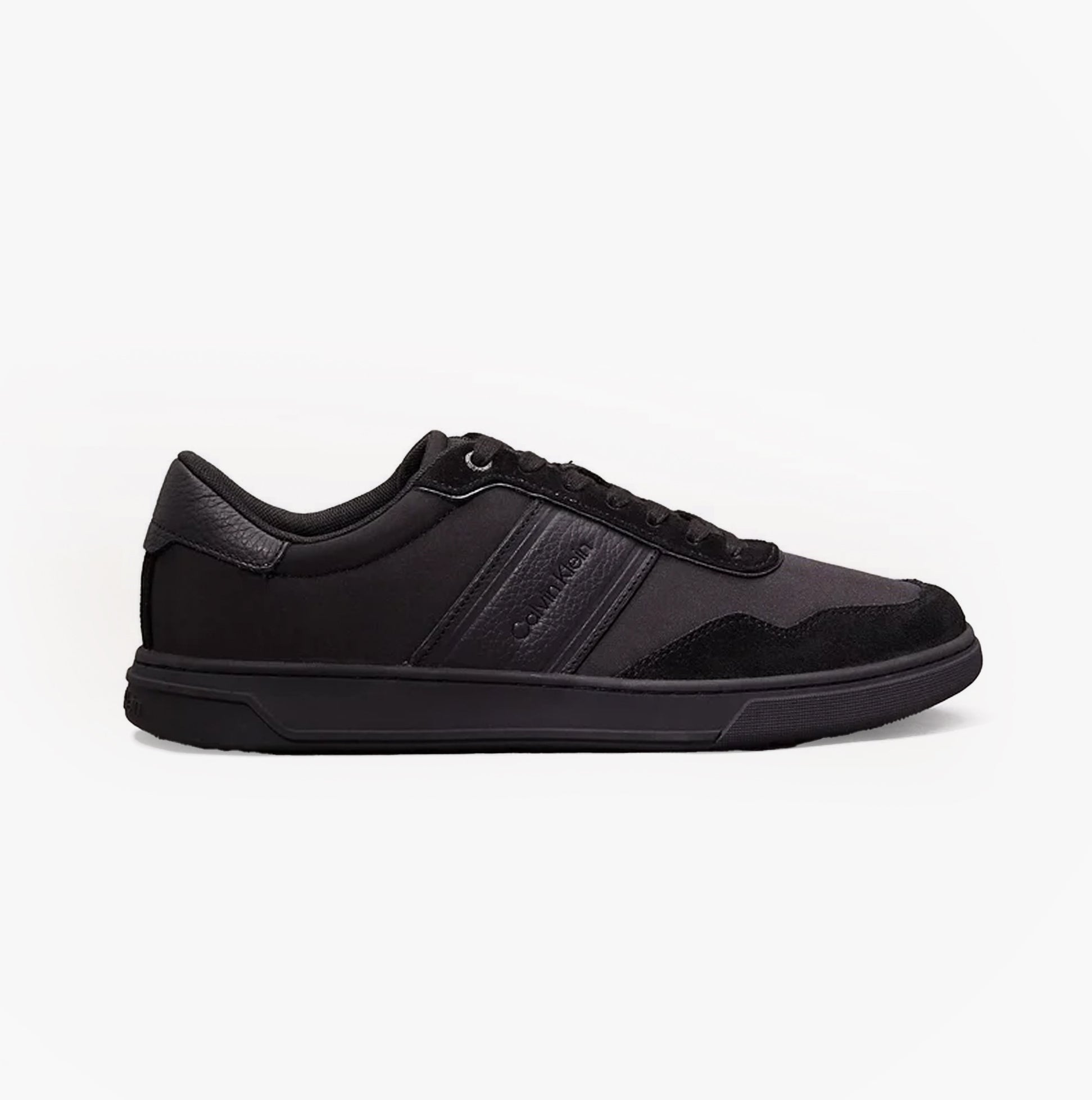 Calvin Klein LOW TOP LACE UP MIX Mens Trainers Triple Black, side view showing casual style and low top design.