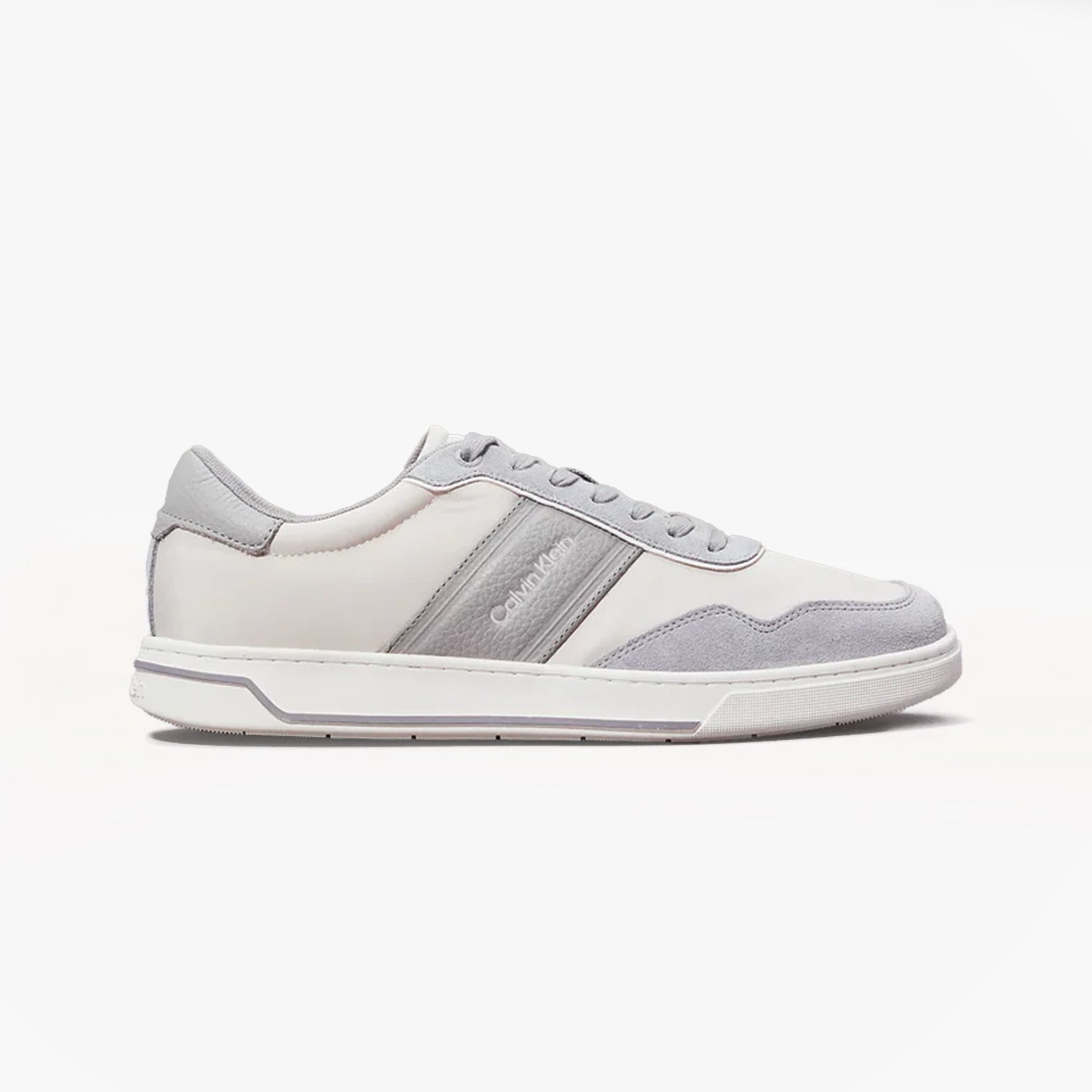 Calvin Klein LOW TOP LACE UP MIX Mens Trainers Light Grey/Granite Road side view showing casual style and round toe design.