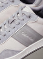 Calvin Klein LOW TOP LACE UP MIX Mens Trainers Light Grey/Granite Road detail view of shoe upper with laces and logo.