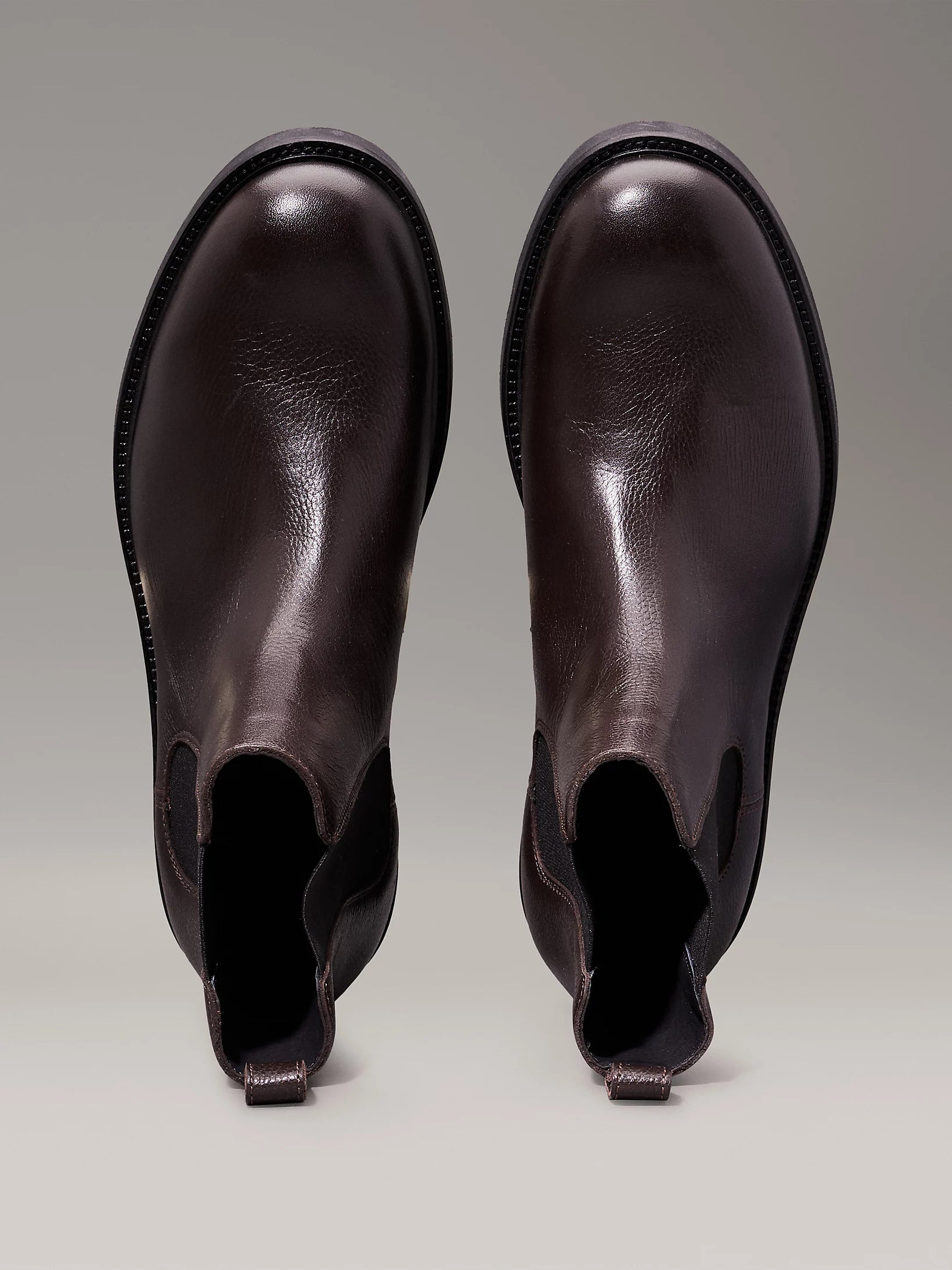 Calvin Klein CHELSEA BOOTS Mens Mole top view of leather ankle boots with elasticated side panels.