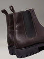 Calvin Klein CHELSEA BOOTS Mens Mole, rear view showing brown leather upper and elasticated side panel.