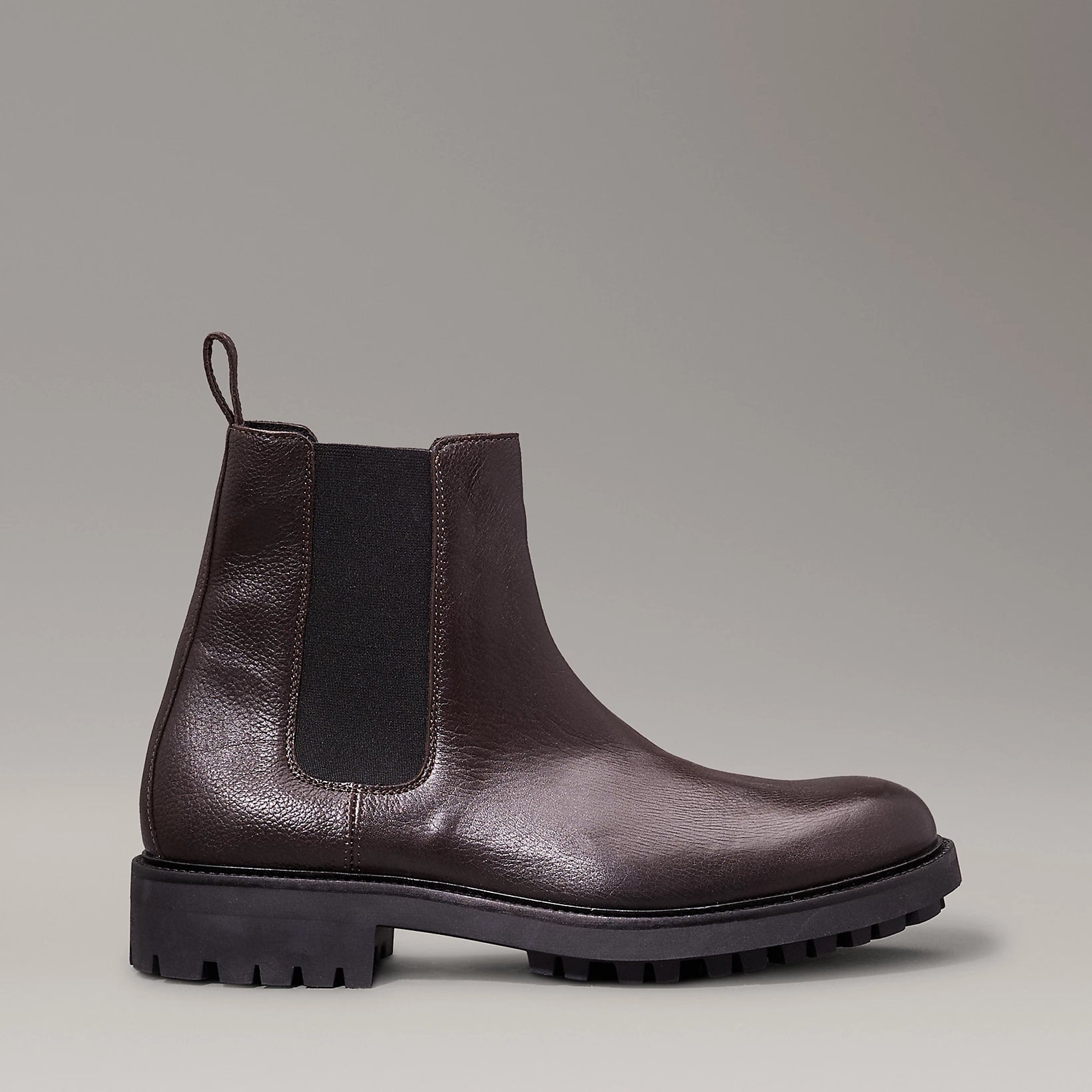 Calvin Klein CHELSEA BOOTS Mens Mole side view, leather ankle boots with elasticated side panel and block heel.