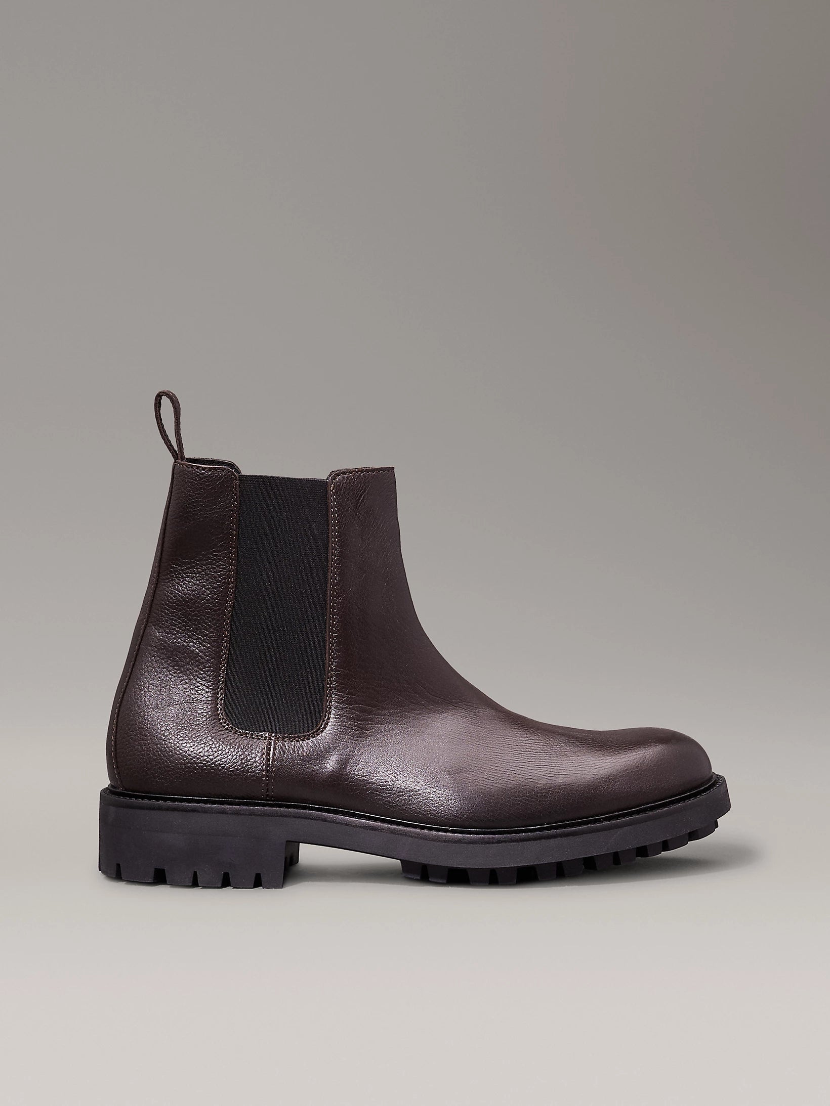 Calvin Klein CHELSEA BOOTS Mens Mole side view, leather ankle boots with elasticated side panel and block heel.