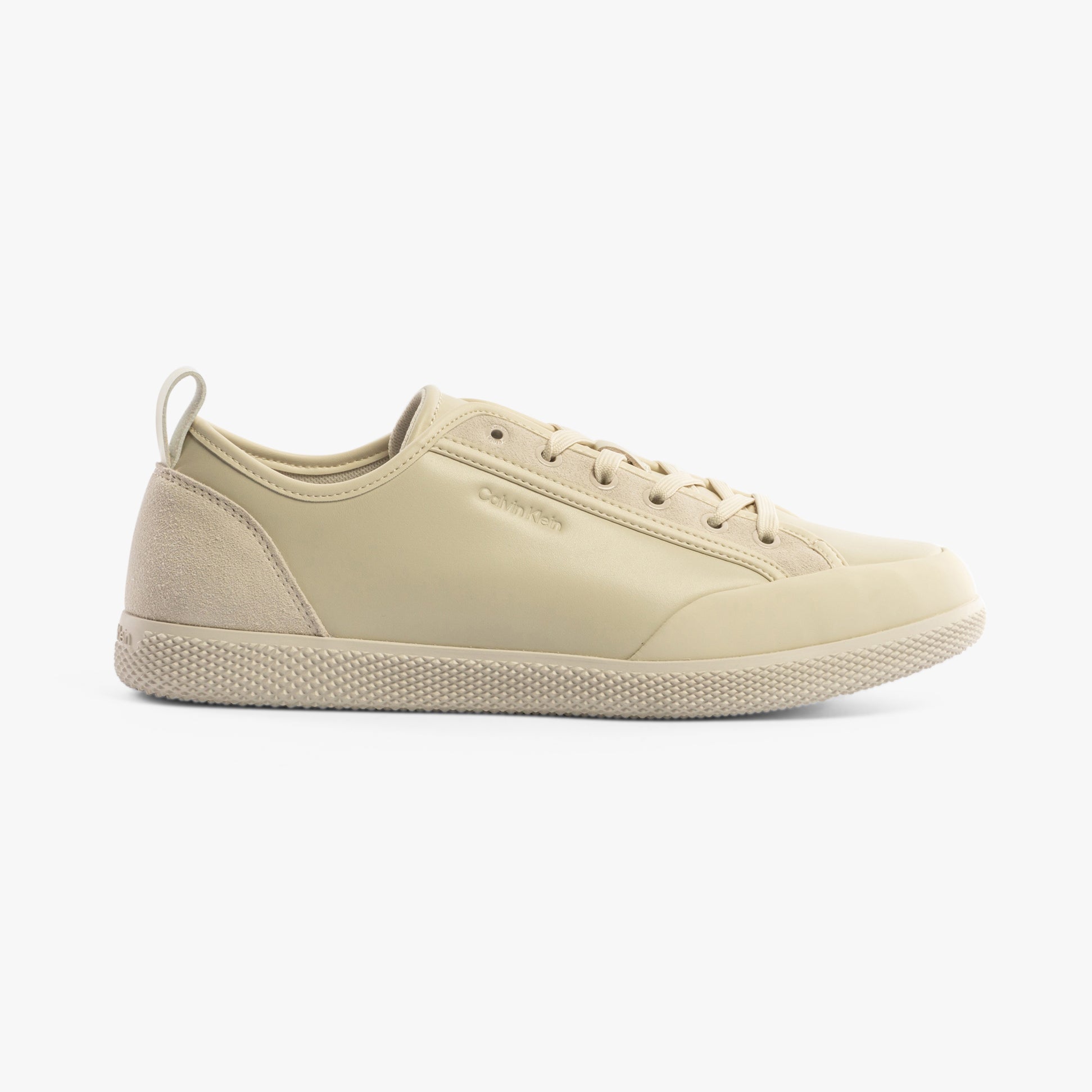 Calvin Klein LOW TOP LACE UP Mens Trainers Dk Ecru side view showcasing casual leather trainers with lace-up closure.