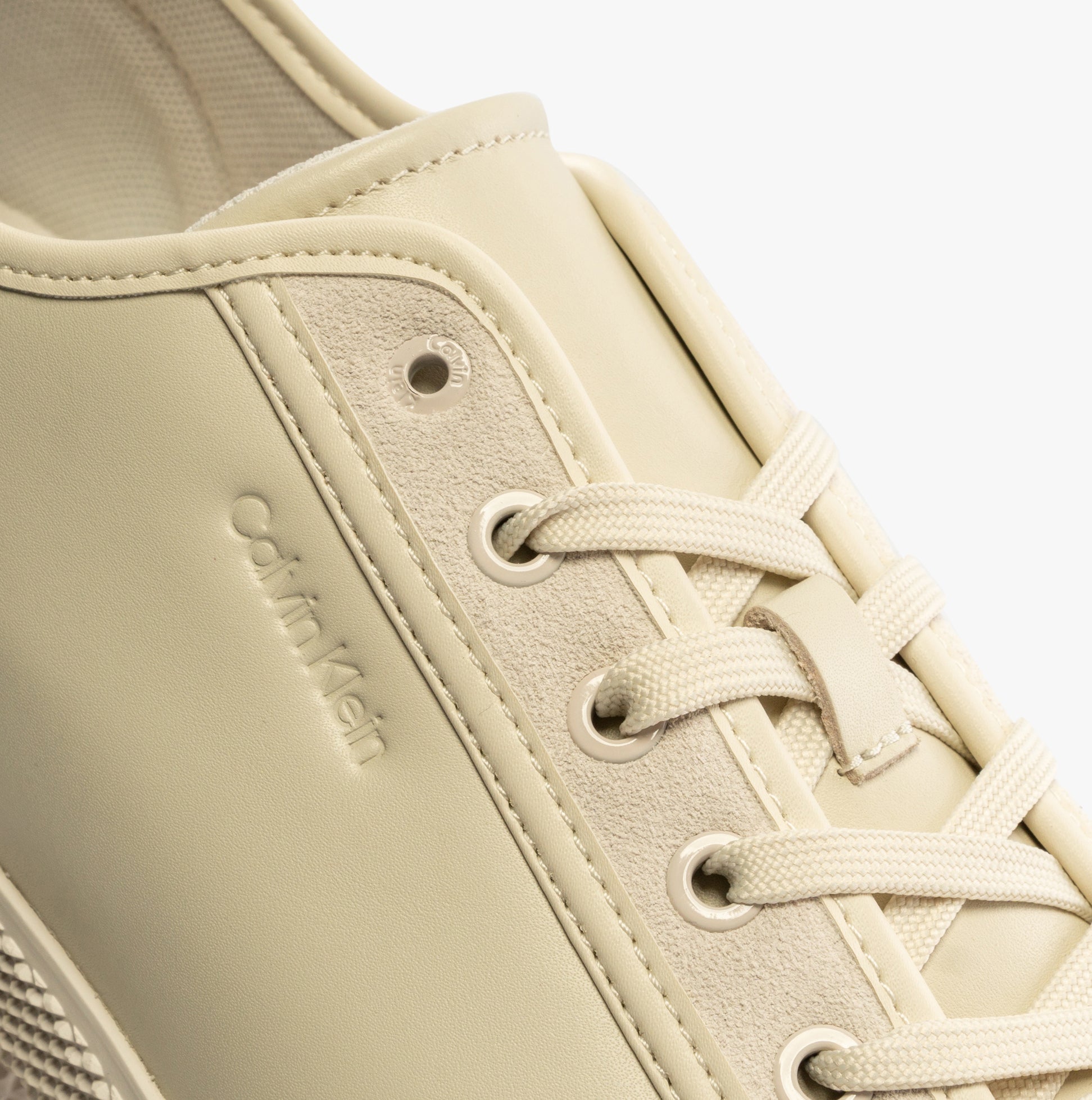 Calvin Klein LOW TOP LACE UP Mens Trainers Dk Ecru detail view of shoe upper and laces