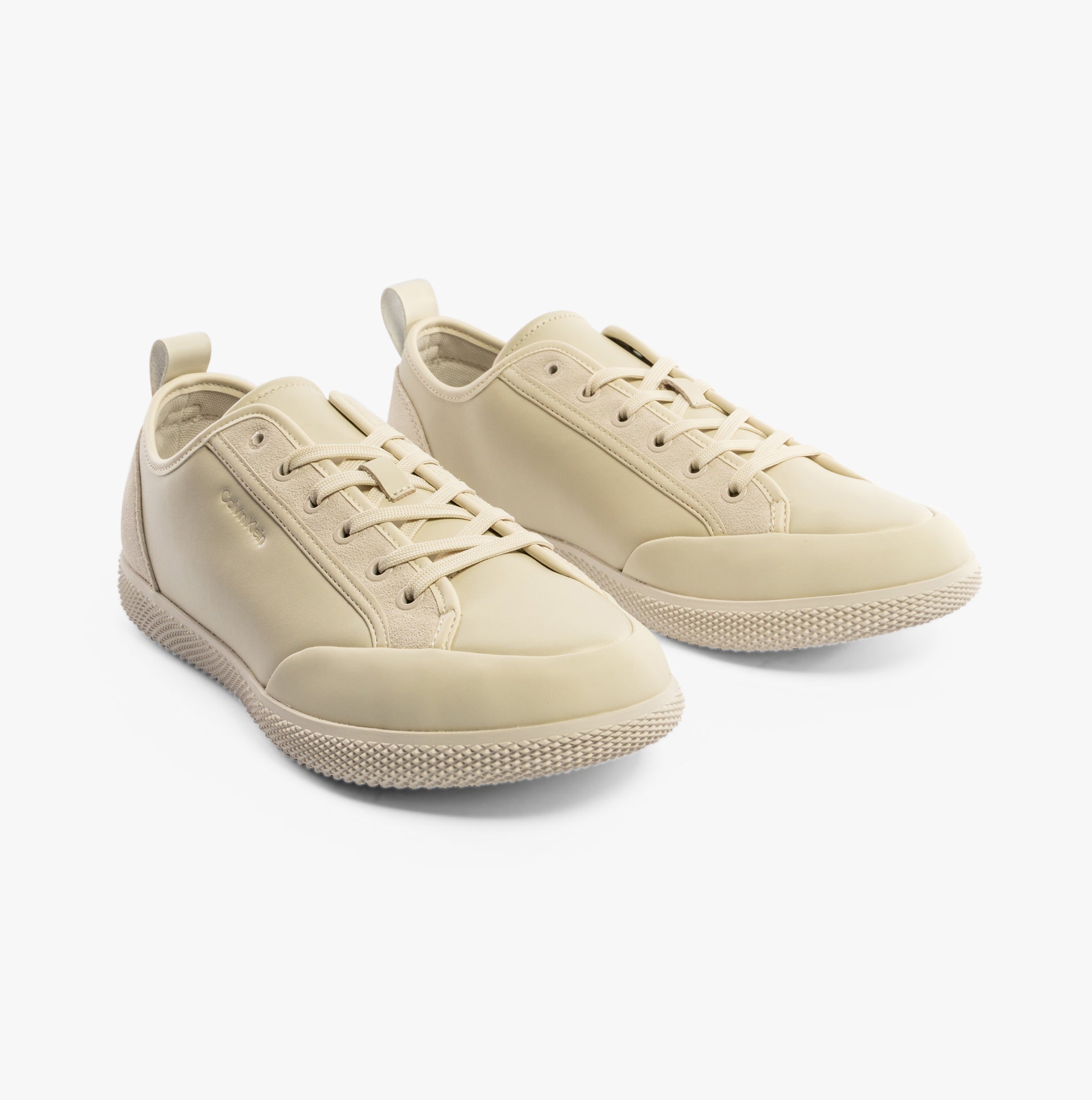 Calvin Klein LOW TOP LACE UP Mens Trainers Dk Ecru, front view showing light ecru casual trainers with lace-up design.