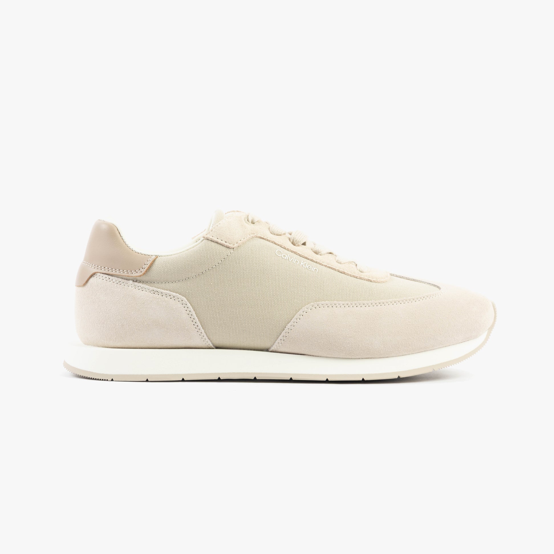 Calvin Klein SUEDE LOW PROFILE Mens Trainers Feather Gray Mix side view with suede and leather design.