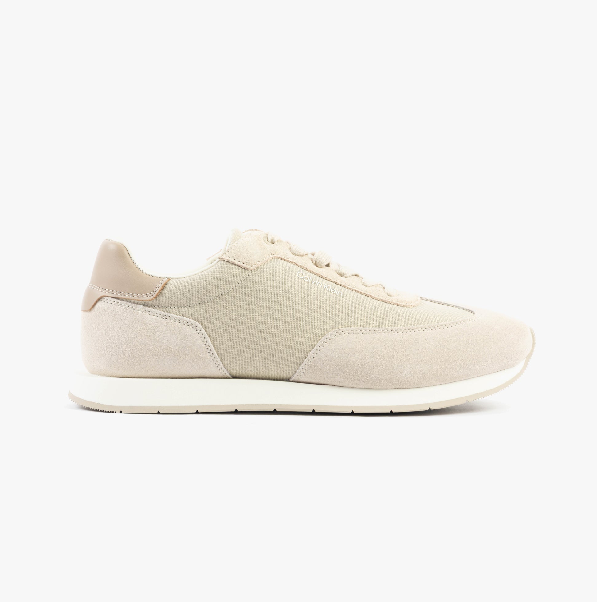 Calvin Klein SUEDE LOW PROFILE Mens Trainers Feather Gray Mix side view with suede and leather design.