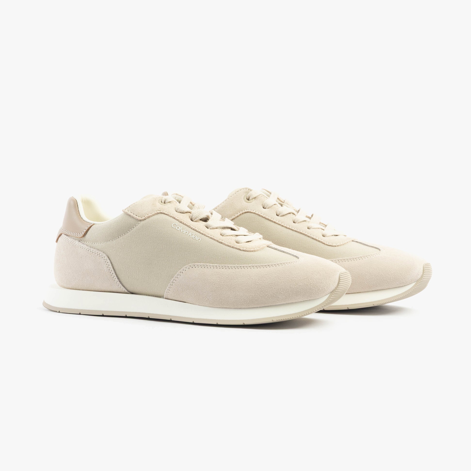 Calvin Klein SUEDE LOW PROFILE Mens Trainers Feather Gray Mix side view showing lace-up closure and comfortable design.