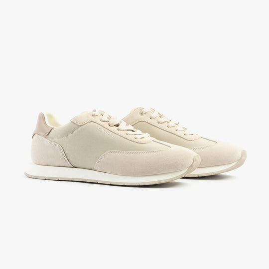 Calvin Klein SUEDE LOW PROFILE Mens Trainers Feather Gray Mix side view showing lace-up closure and comfortable design.