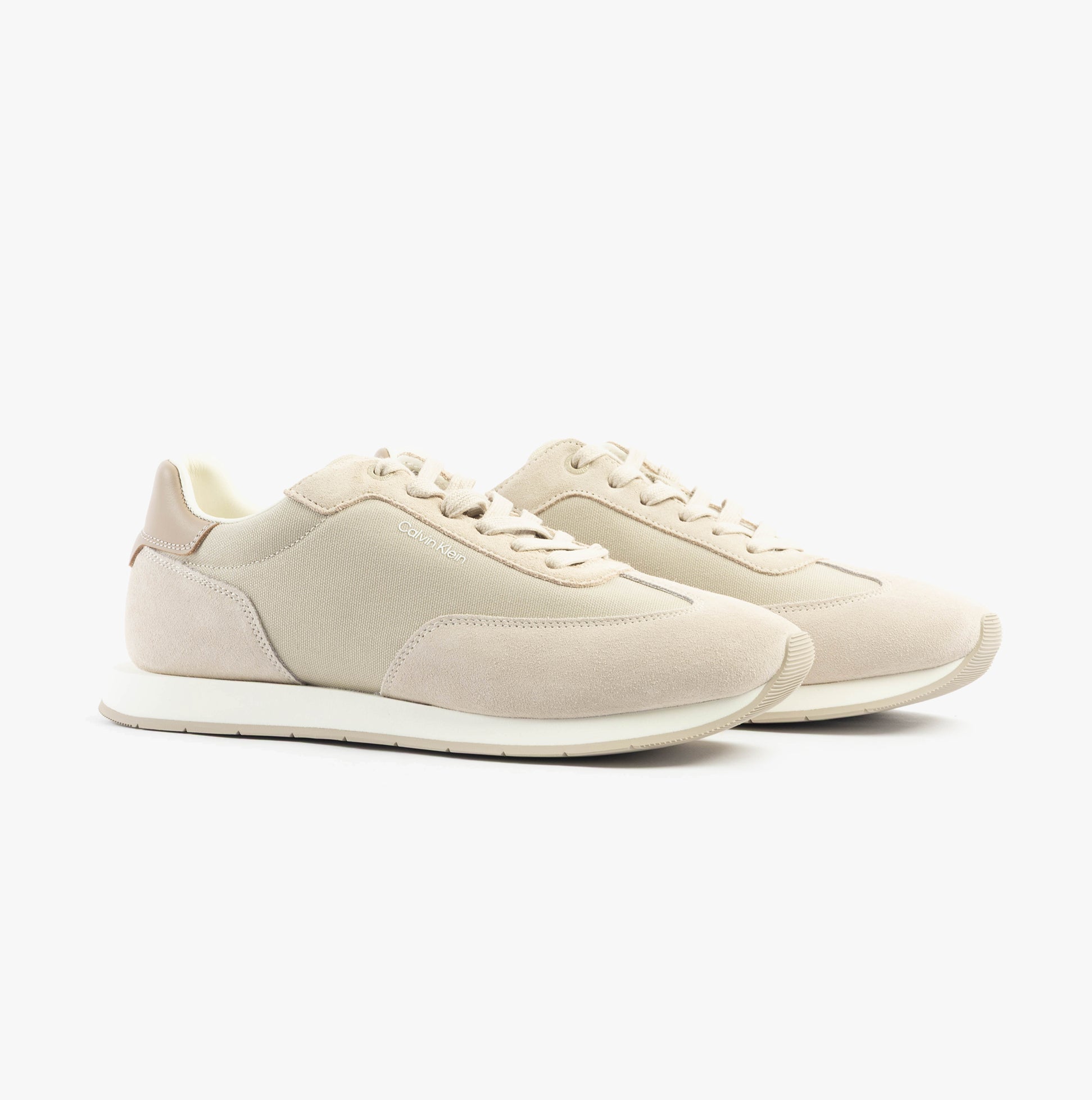 Calvin Klein SUEDE LOW PROFILE Mens Trainers Feather Gray Mix side view showing lace-up closure and comfortable design.
