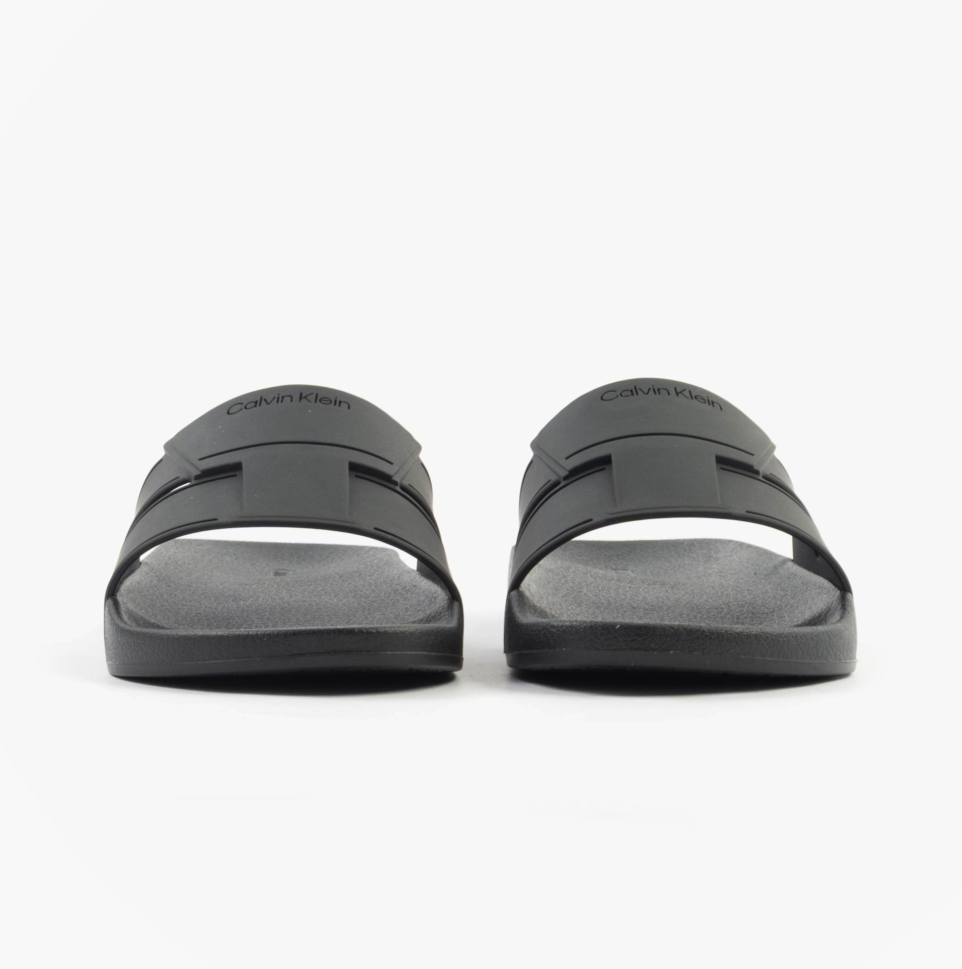 Calvin Klein POOL SLIDE DOUBLE T Mens Sliders Ck Black front view showcasing the synthetic upper and lightweight design.