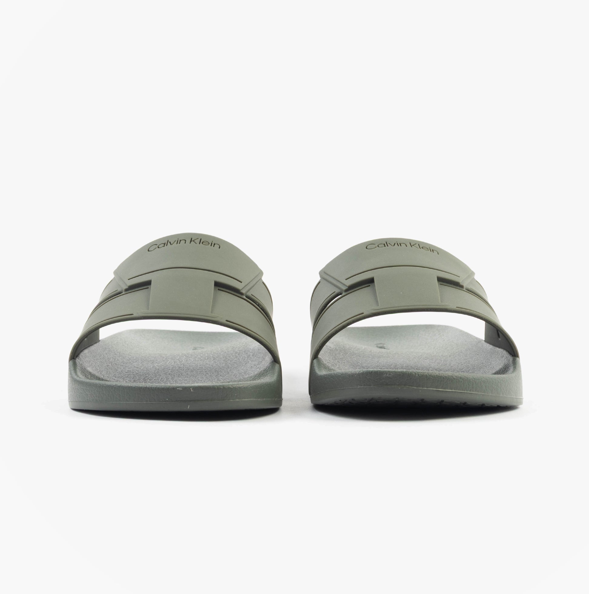 Calvin Klein POOL SLIDE DOUBLE T Mens Sliders Dark Olive front view showcasing synthetic upper and flat sole.