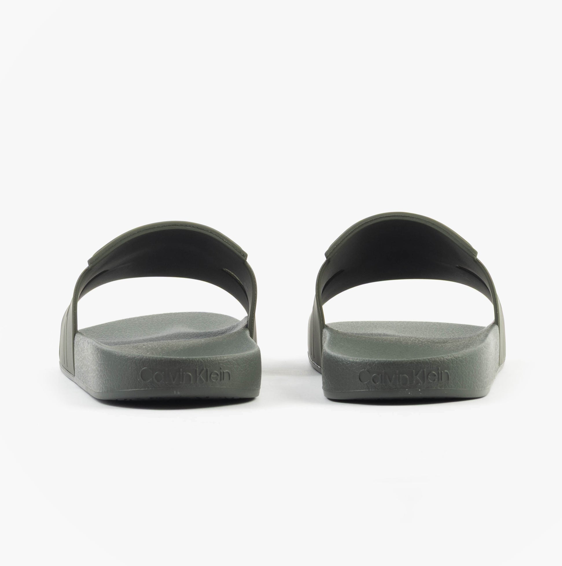 Calvin Klein POOL SLIDE DOUBLE T Mens Sliders Dark Olive rear view showcasing comfort and lightweight design
