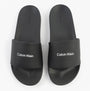 Calvin Klein POOL SLIDE W/ CK SQU Mens Sliders Black top view showing synthetic upper and flat rubber sole.