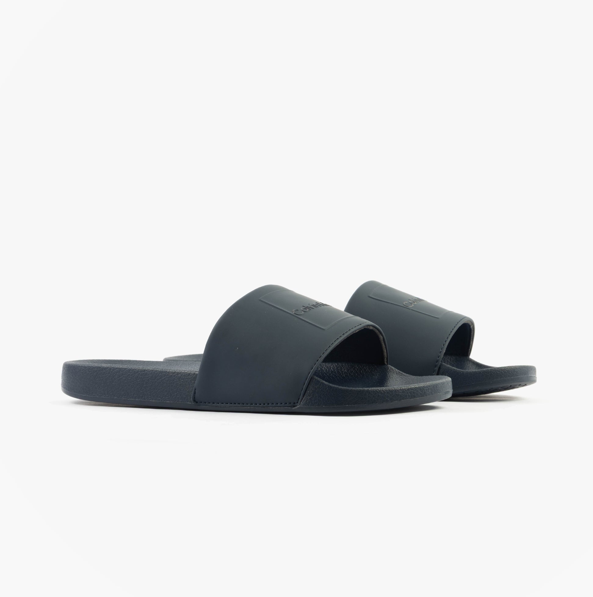 Calvin Klein POOL SLIDE W/ CK SQU Mens Sliders Calvin Navy side view, lightweight slip-on synthetic sliders.