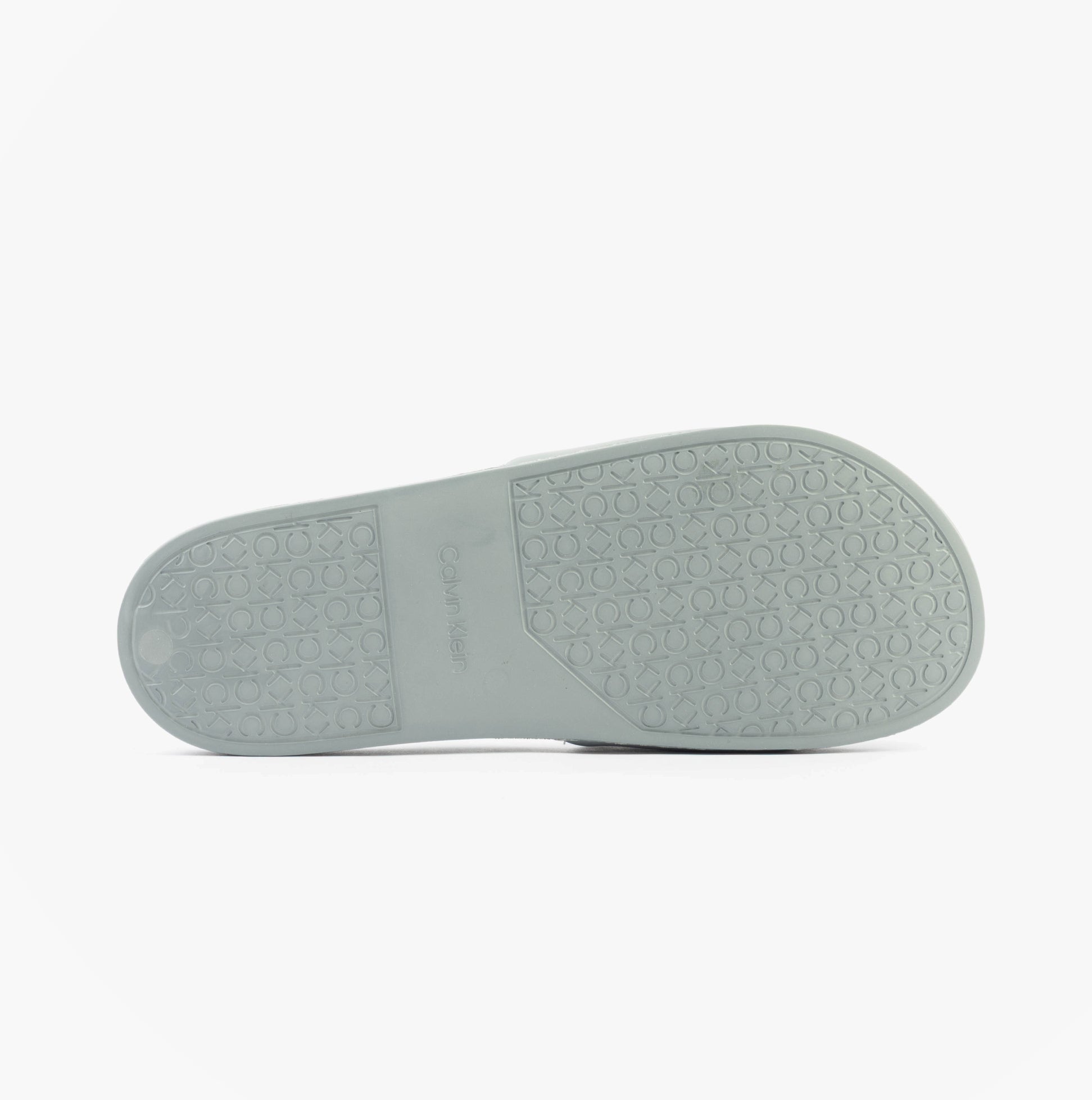 Calvin Klein POOL SLIDE W/ CK SQU Mens Sliders Granite Road bottom view with rubber sole and traction pattern.