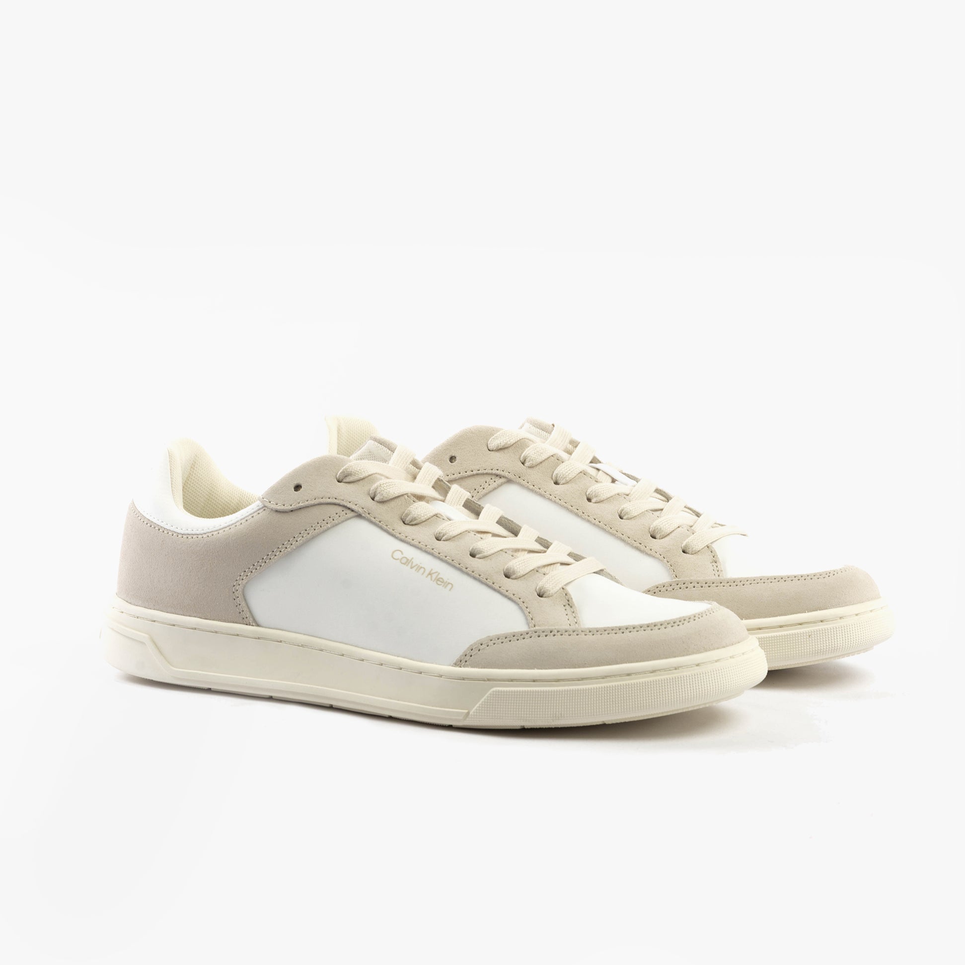 Calvin Klein LOW TOP LACE UP Mens Trainers White/Dark Ecru side view showcasing casual style and round toe.