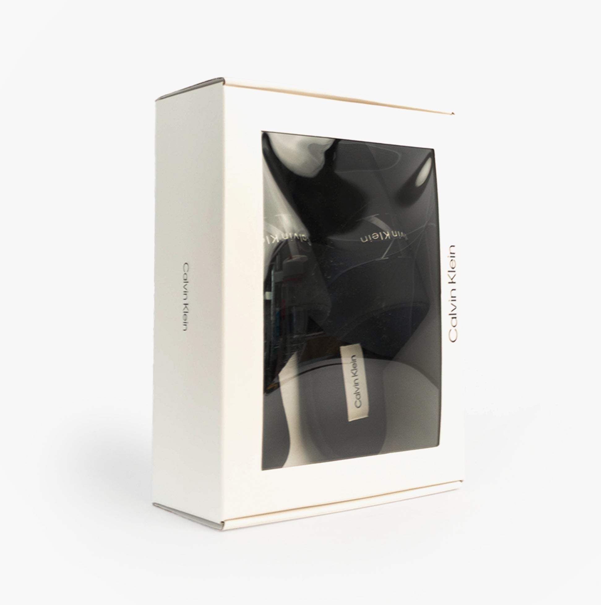 Calvin Klein HOTEL SLIPPER MONOLOGUE Mens Slippers Triple Black in gift box side view.
