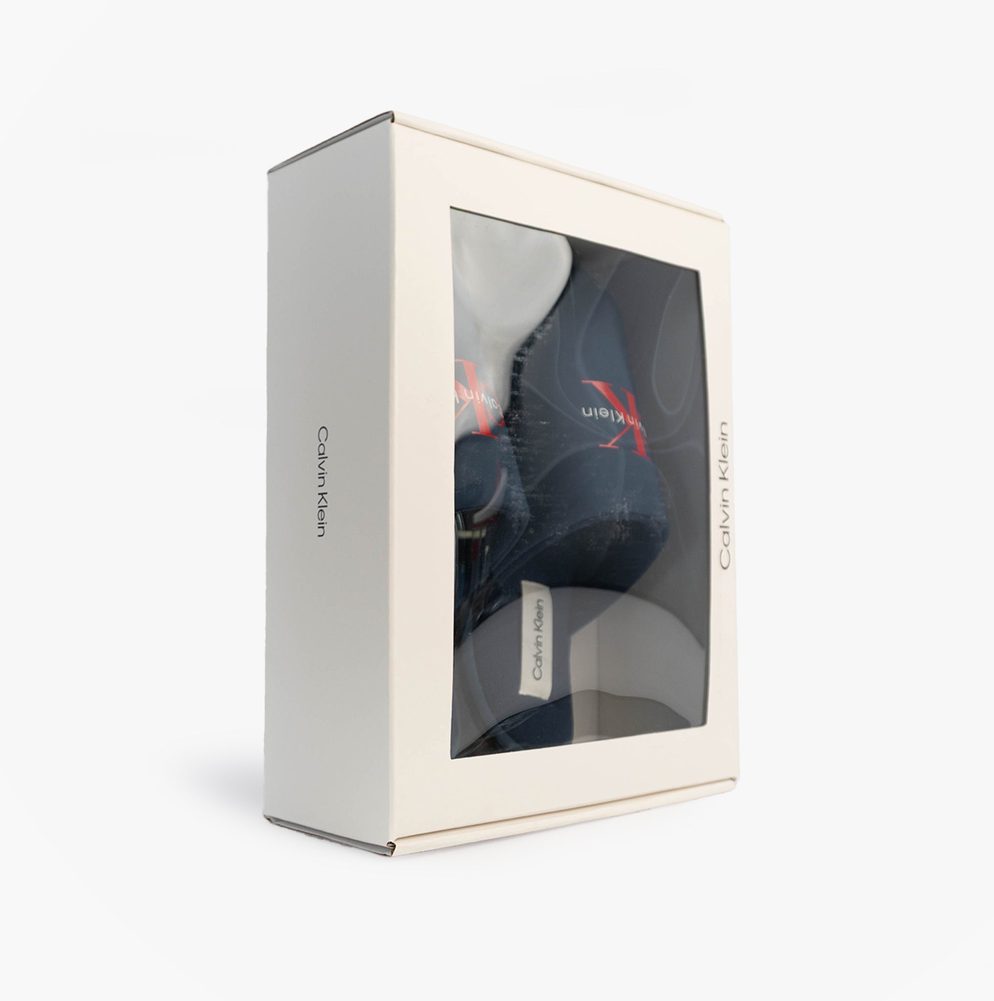 Calvin Klein HOTEL SLIPPER MONOLOGUE Mens Slippers Moonlit Ocean in gift box, side view with packaging.