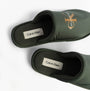 Calvin Klein HOTEL SLIPPER MONOLOGUE Mens Slippers Thyme top view showing soft green polyester mules with logo.