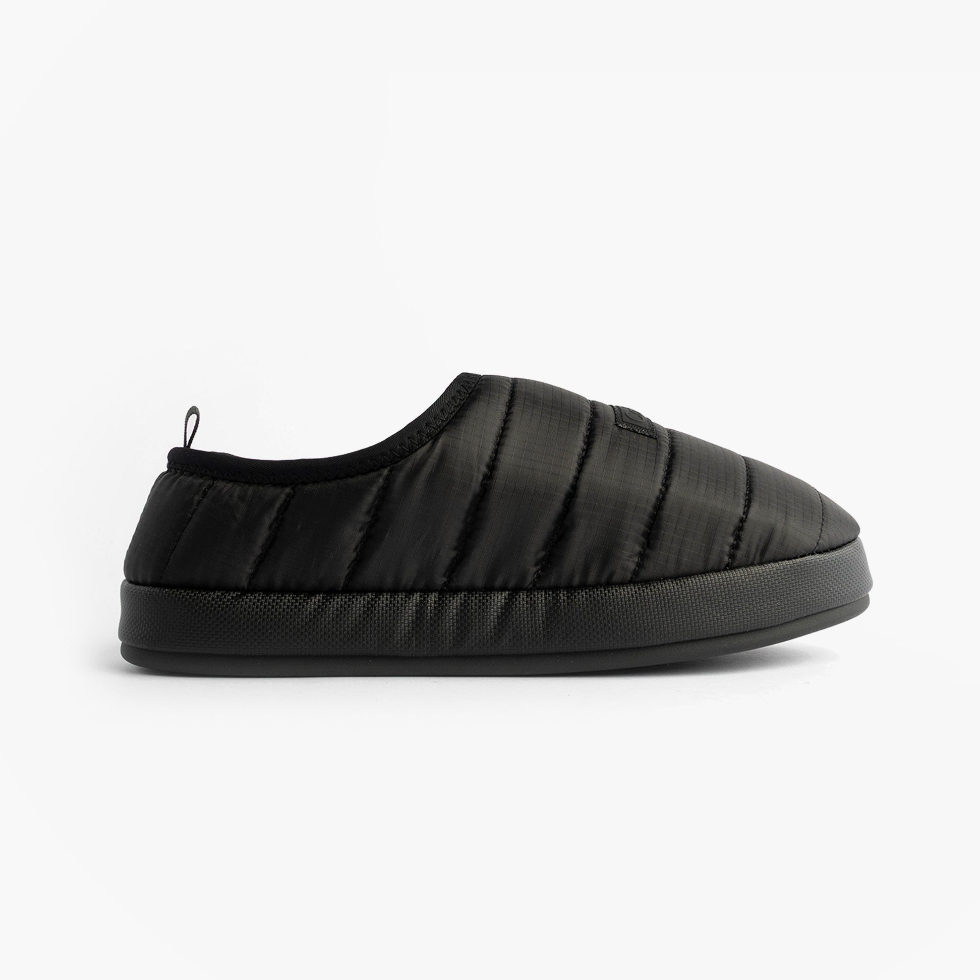 Calvin Klein HOME SLIPPER RIPSTOP Mens Slippers Black side view with lightweight polyester upper and flat sole.