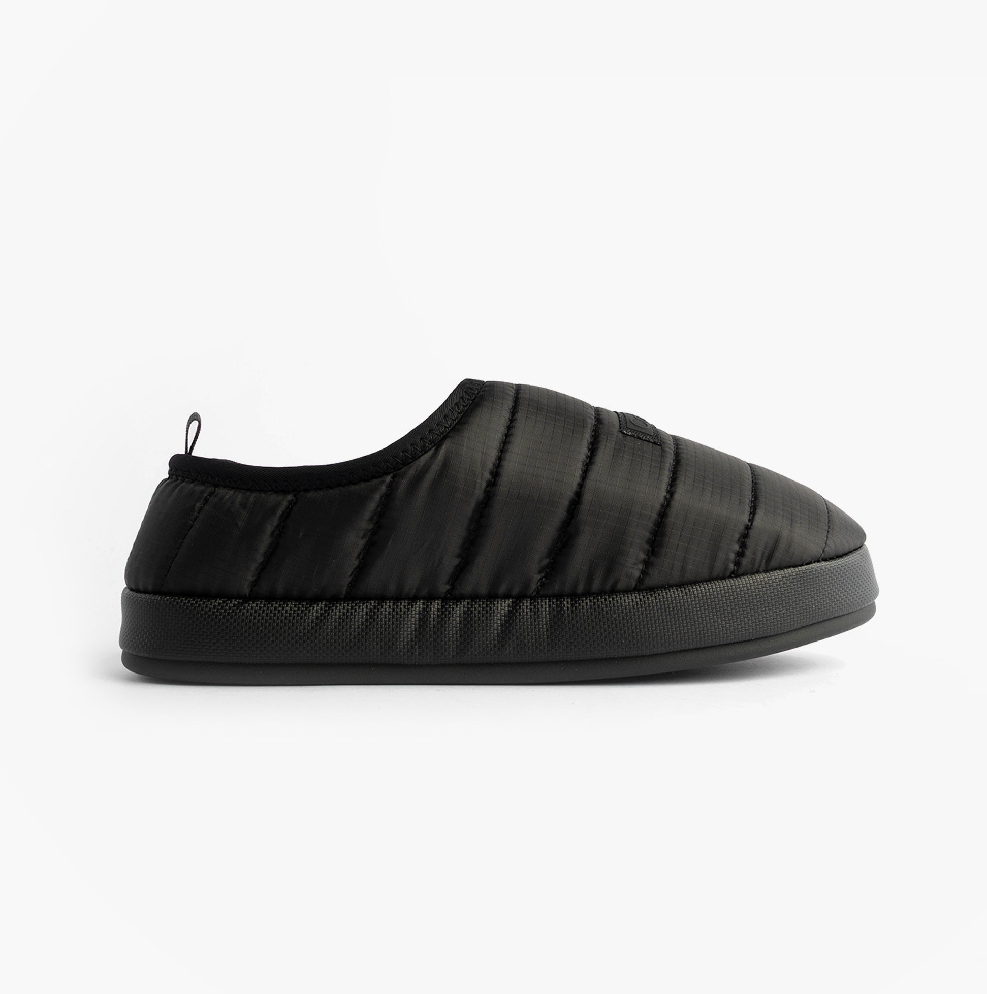 Calvin Klein HOME SLIPPER RIPSTOP Mens Slippers Black side view with lightweight polyester upper and flat sole.