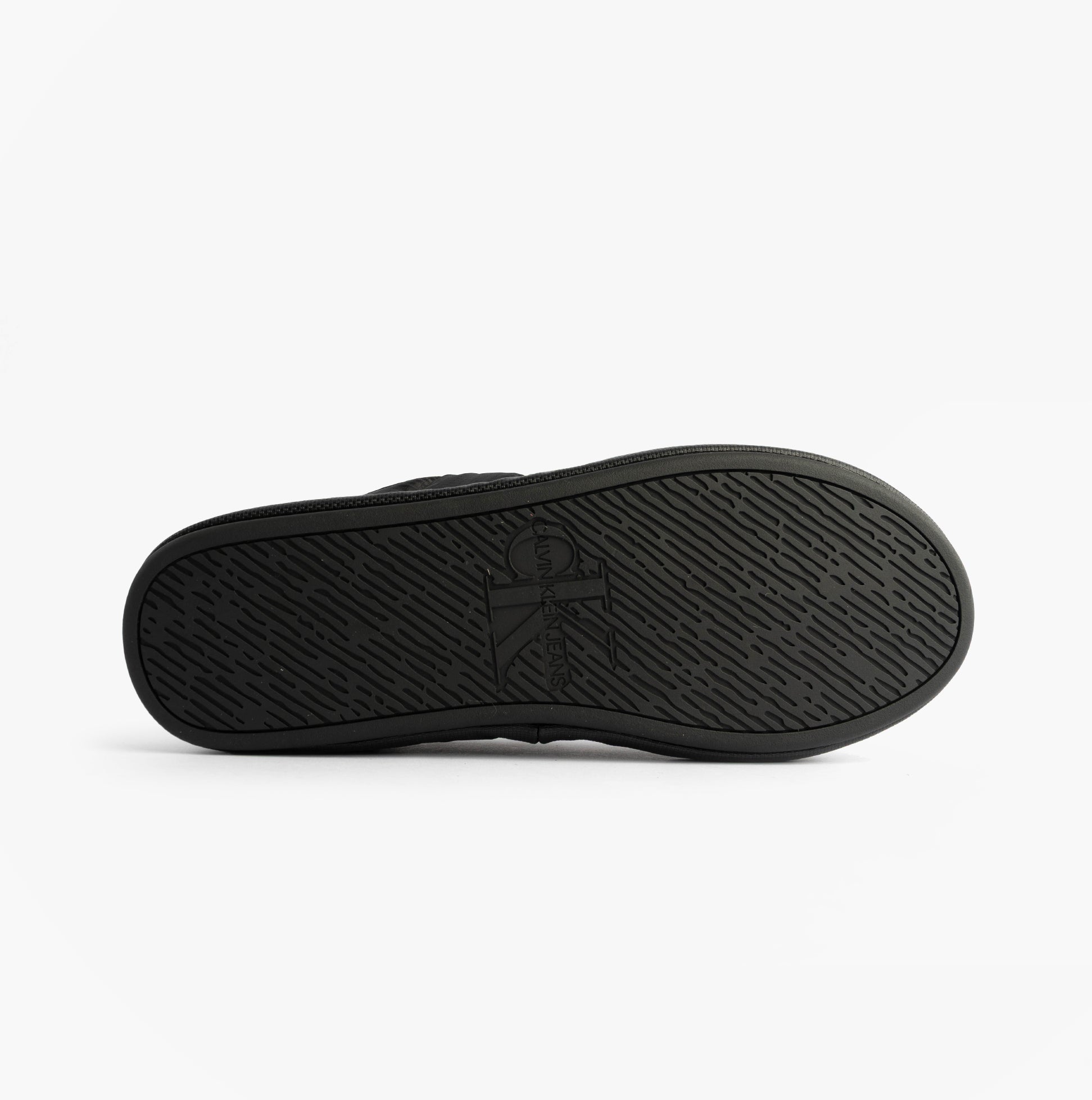 Calvin Klein HOME SLIPPER RIPSTOP Mens Slippers Black bottom view of sole, showcasing detailed texture and brand logo.