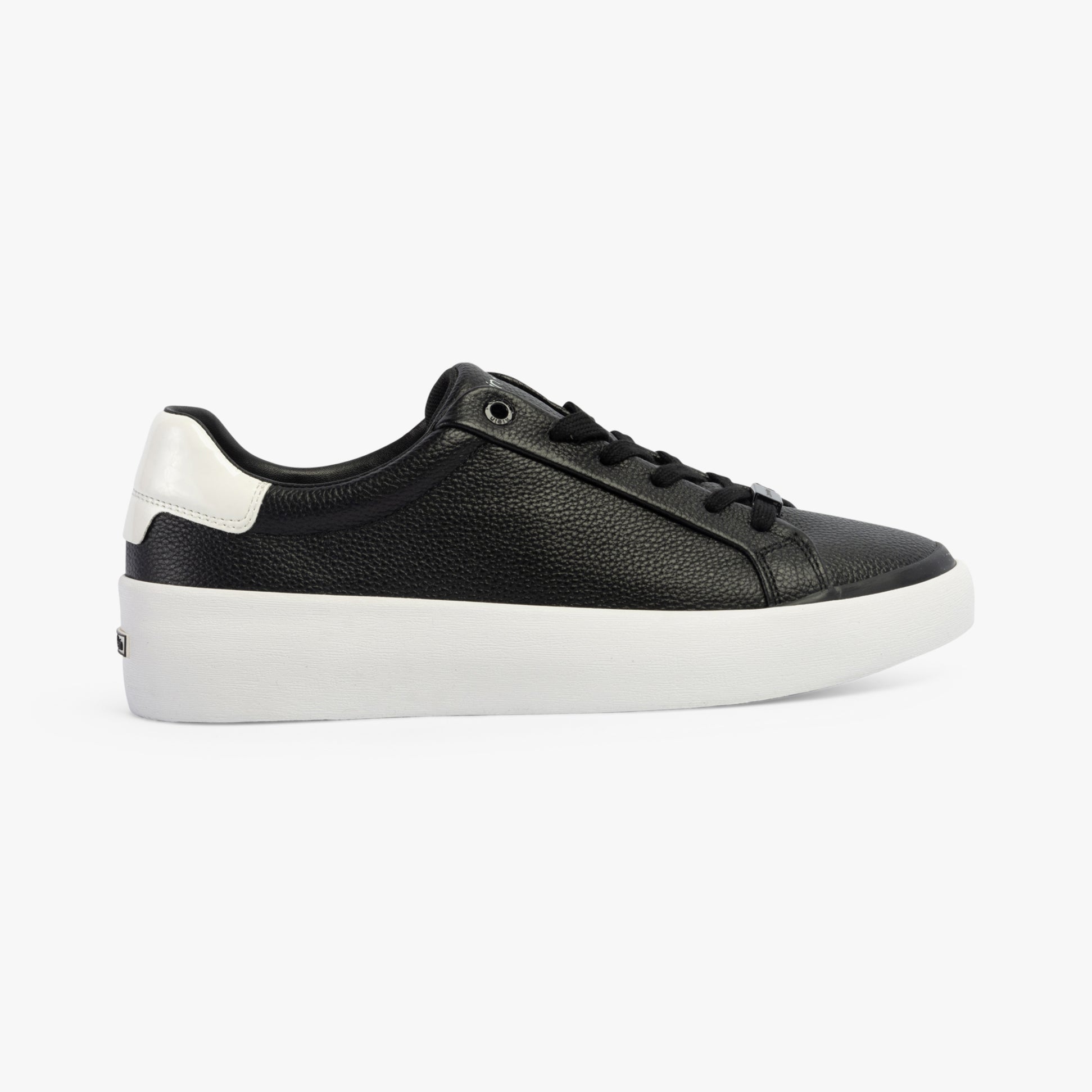 Calvin Klein VULCANISED LACE UP Womens Trainers Black / White side view showing leather upper and rubber sole.