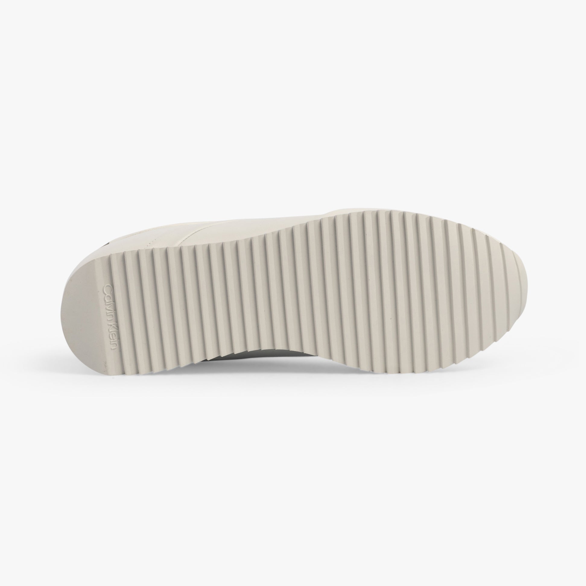 Calvin Klein RUNNER LACE UP Womens Trainers White/Neutral Gray sole view featuring rubber sole with ridged detailing.