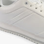 Calvin Klein RUNNER LACE UP Womens Trainers White/Neutral Gray detail view highlighting the sleek design and brand logo.