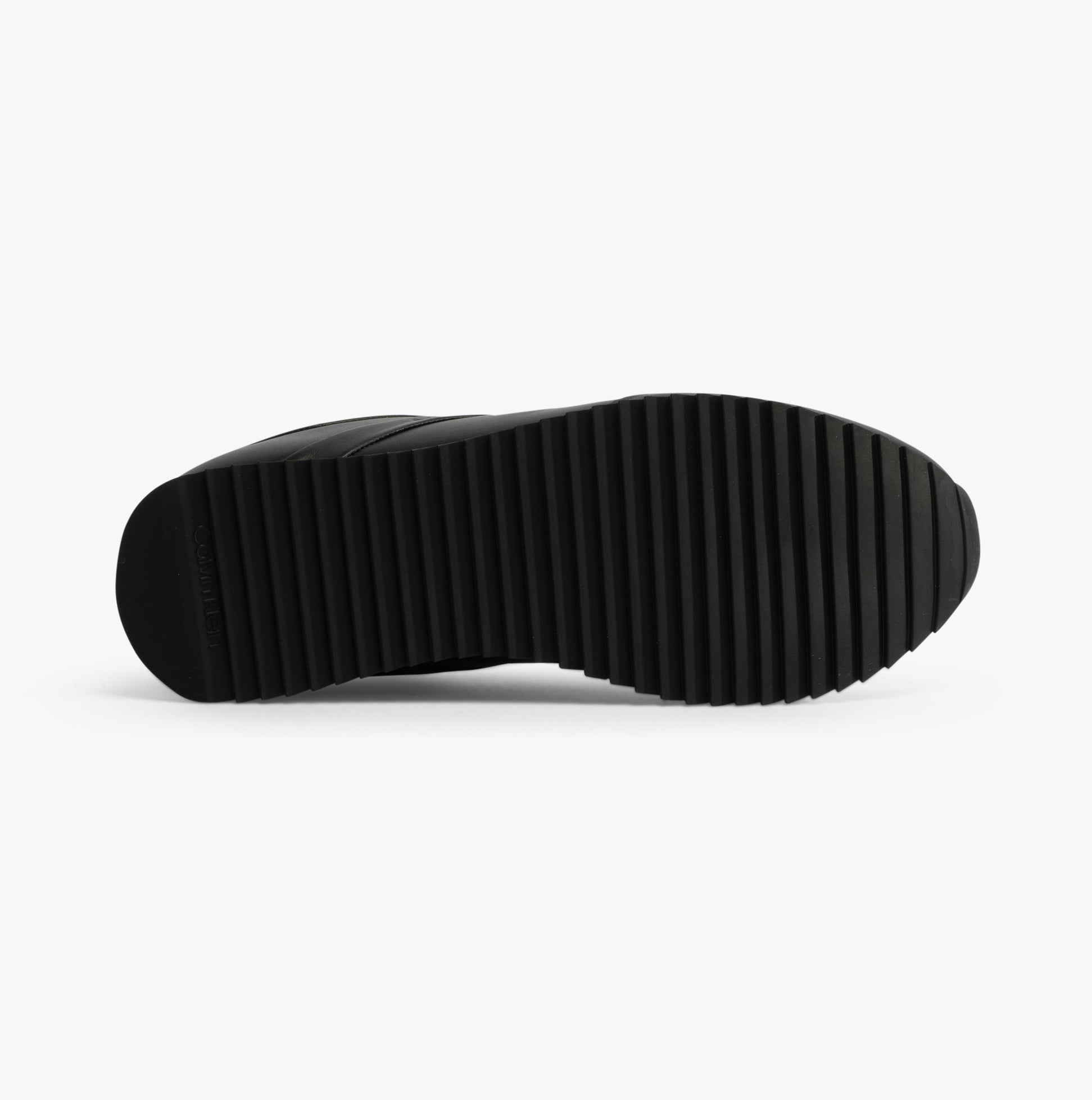 Calvin Klein RUNNER LACE UP Womens Trainers Ck Black bottom view sole design with rubber tread pattern.