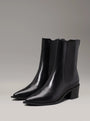 Calvin Klein HEEL Womens Cowboy Boots Ck Black side view of leather ankle boots with block heel and pointed toe.