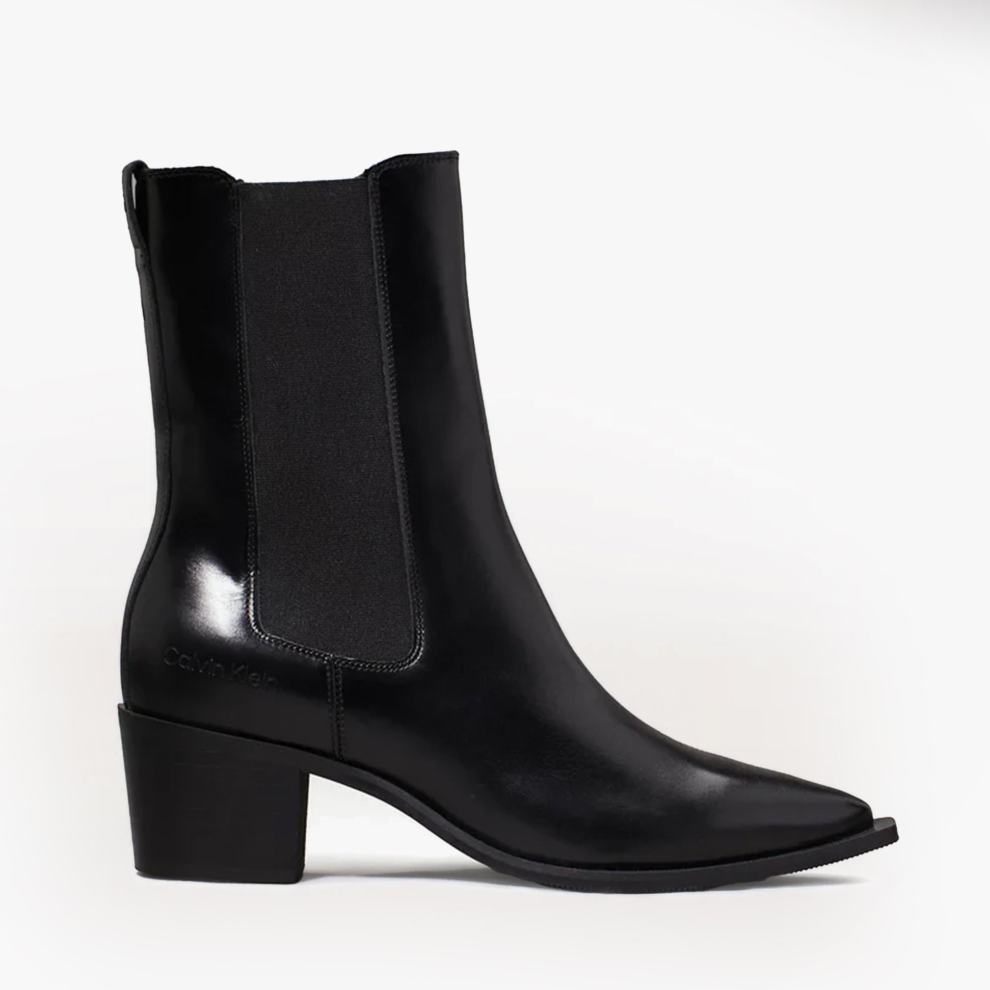 Calvin Klein HEEL Womens Cowboy Boots Ck Black side view showing black leather upper, elasticated side panel, and block heel.