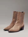 Calvin Klein HEEL Womens Cowboy Boots Mountain Trail side view in taupe suede with a block heel.