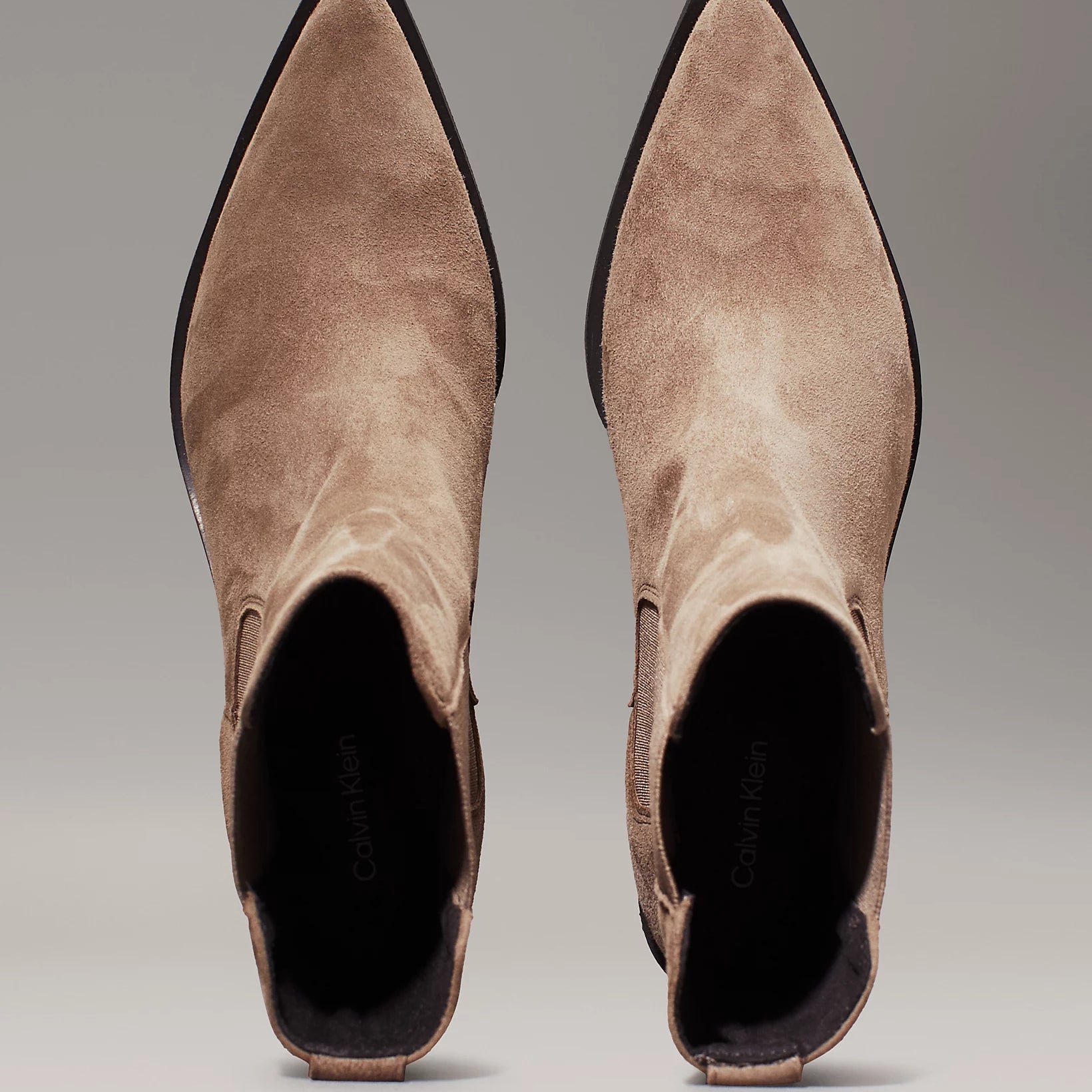 Calvin Klein HEEL Womens Cowboy Boots Mountain Trail top view showing pointy toe and suede upper details.