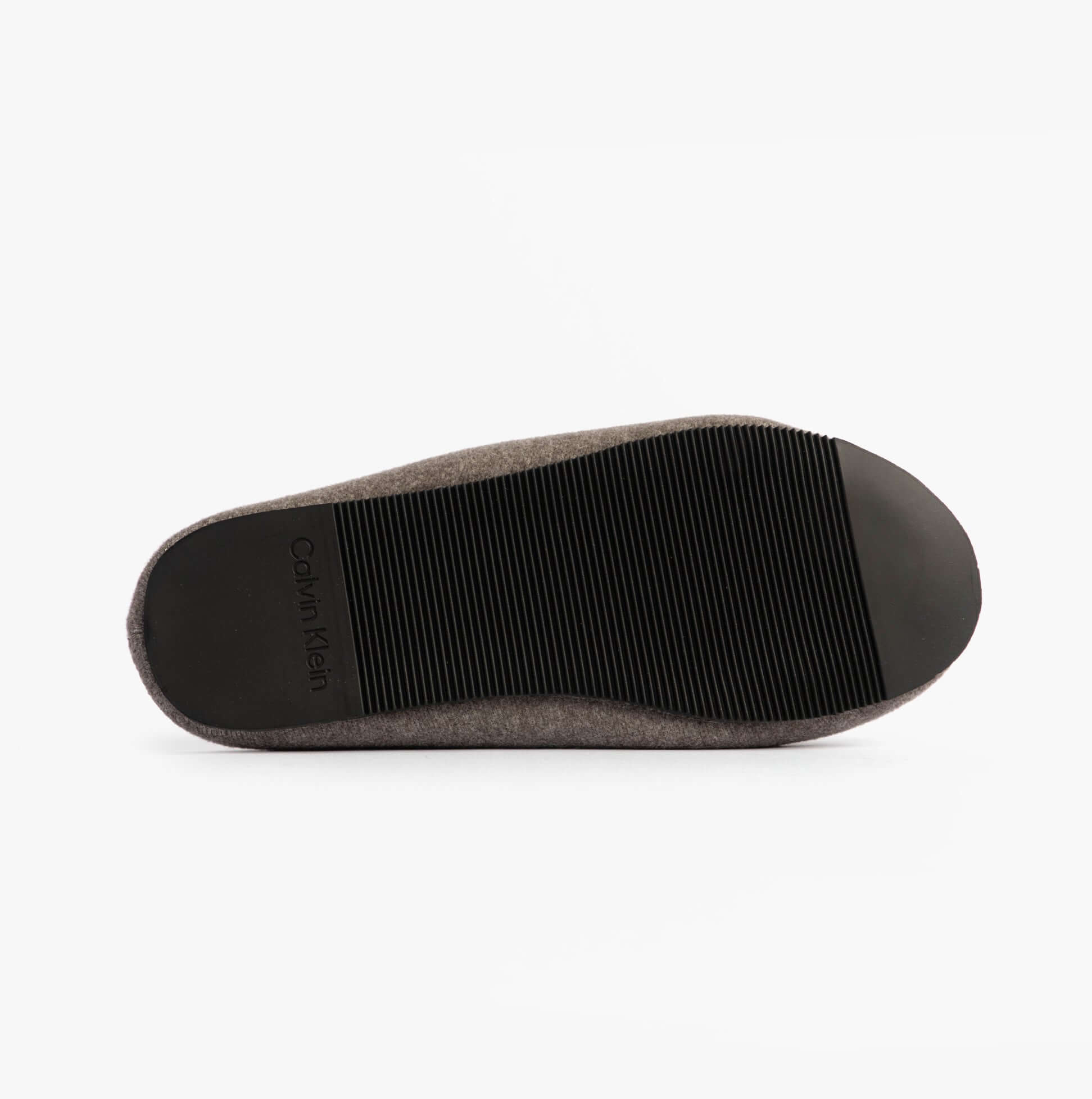 Calvin Klein Mens HOME Felt Signature Logo Mule Slippers Grey bottom view showing sole detail and brand logo.