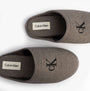 Calvin Klein Mens HOME Felt Signature Logo Mule Slippers Grey top view showcasing logo and comfortable design.